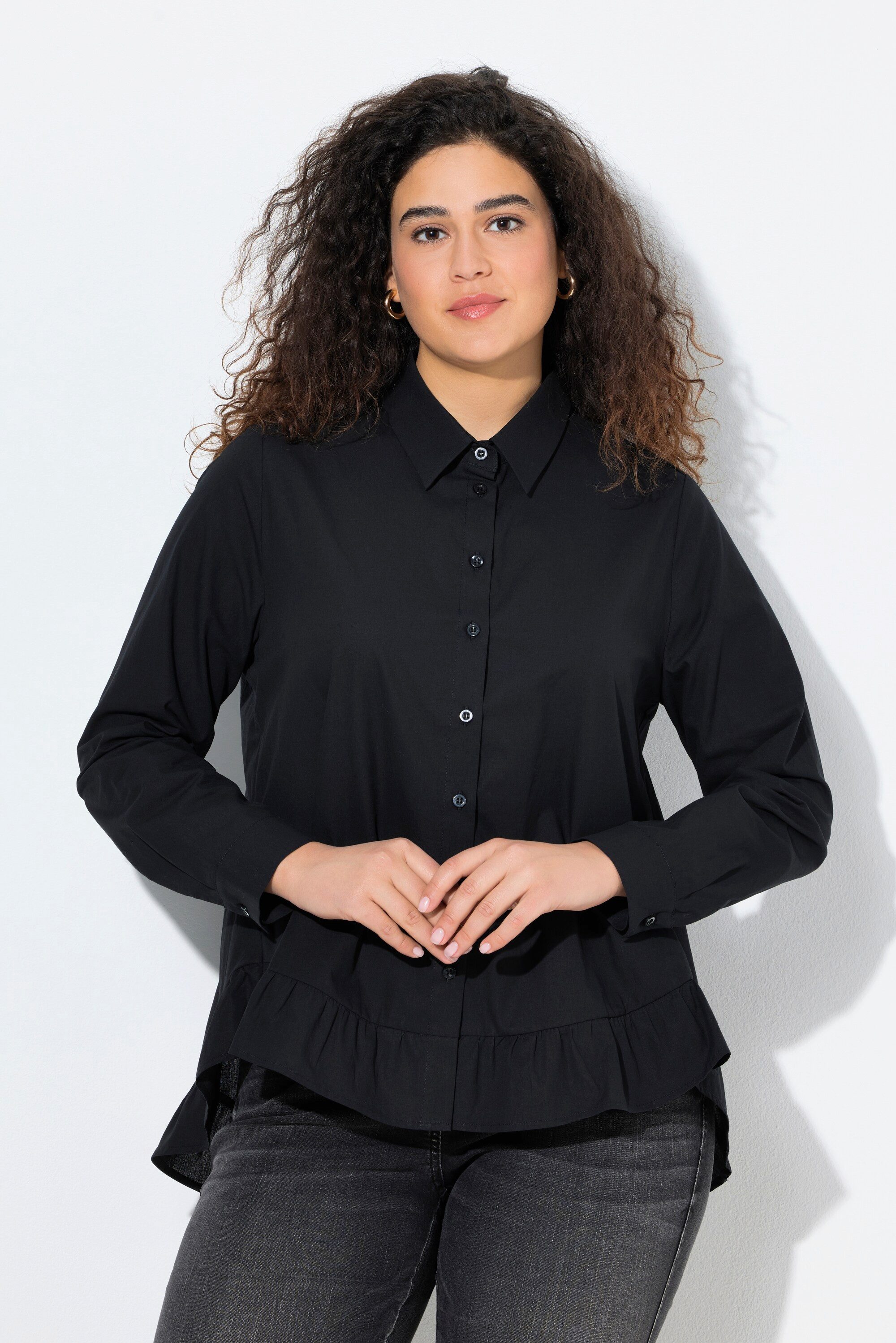 Ulla Popken Hemdbluse Bluse Volantsaum A-Linie Hemdkragen Langarm günstig online kaufen