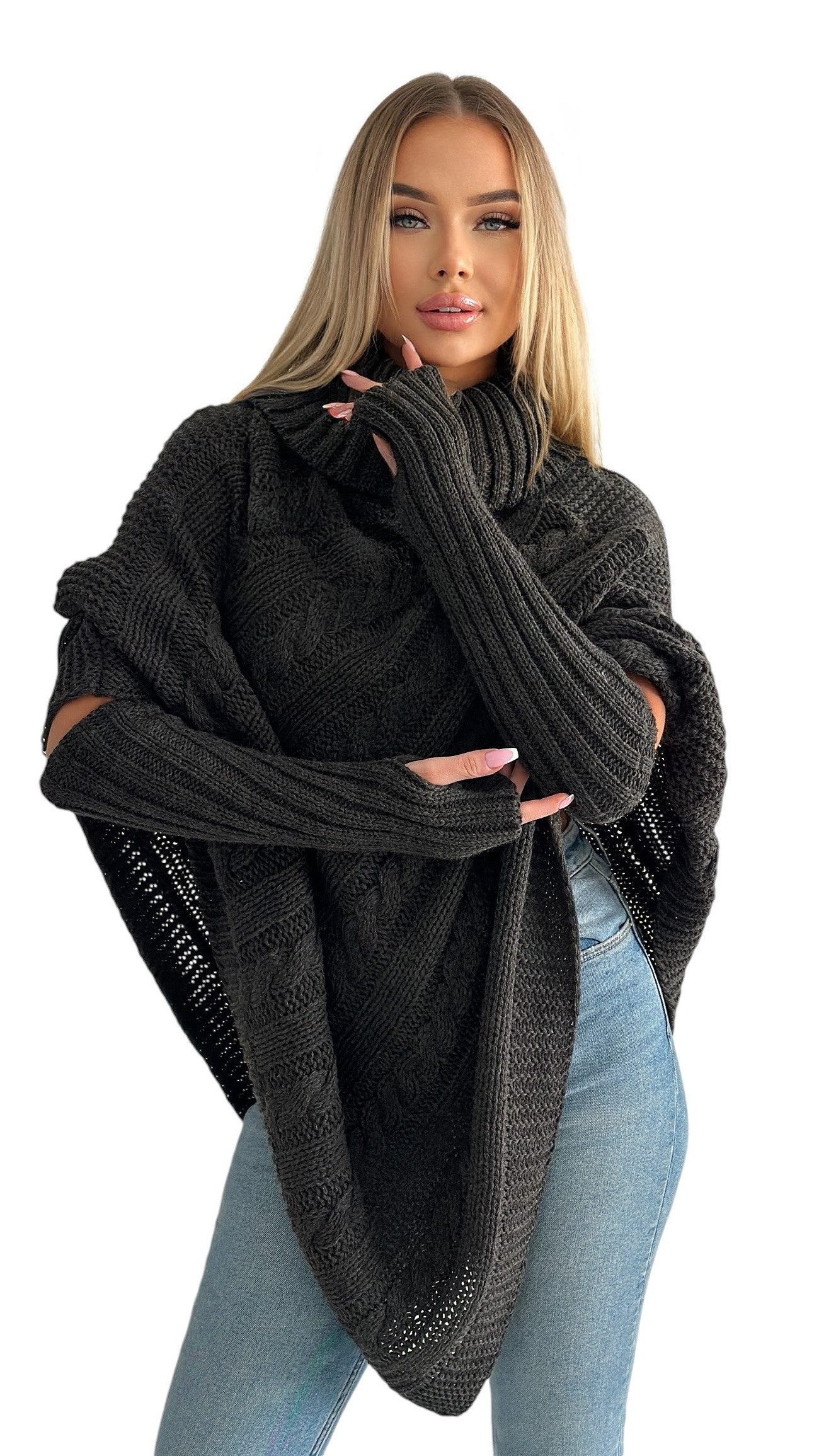 Mississhop Strickponcho Poncho Strick Sweatshirt Pullover Umhang Überwurf mit Stulpen 3012