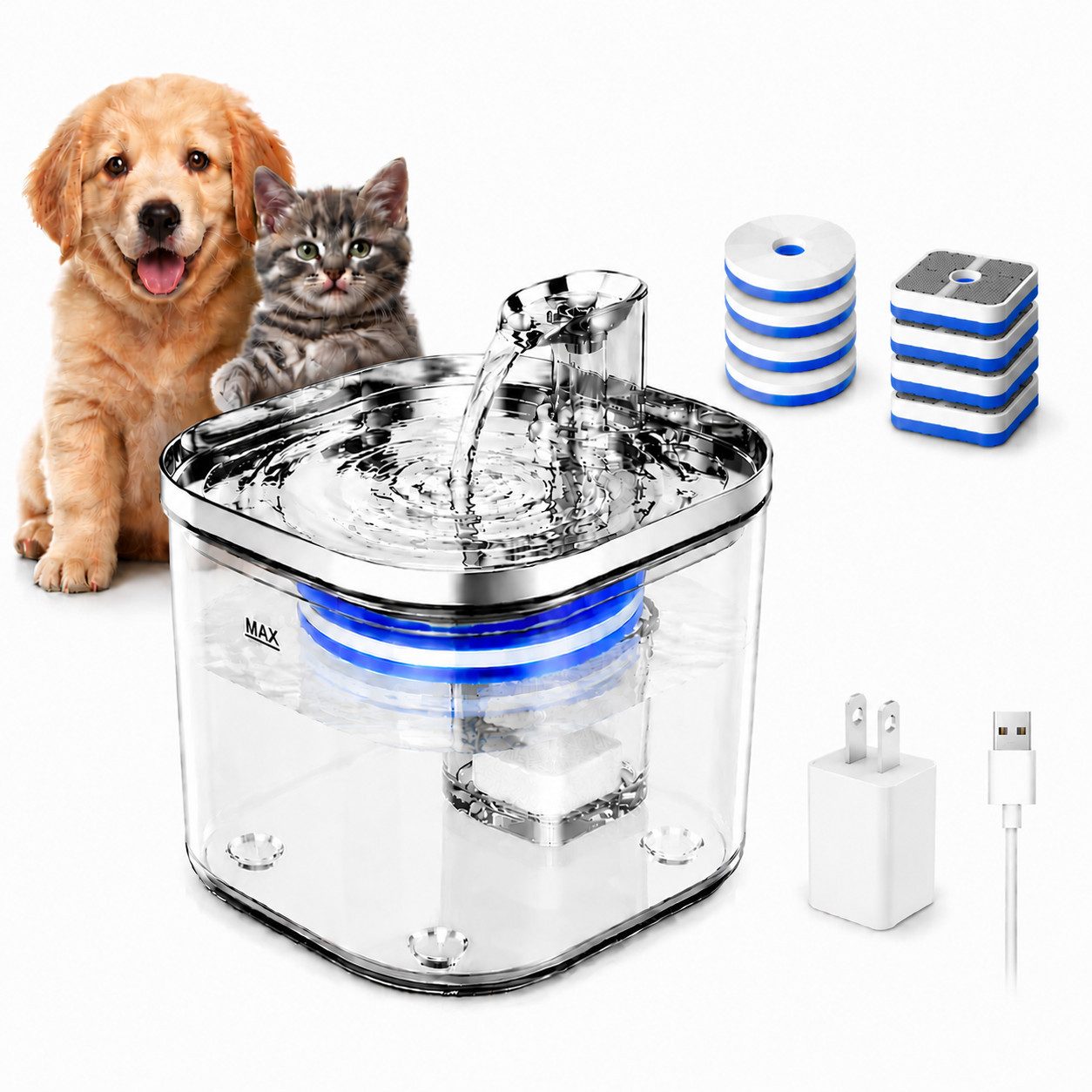 Toomoke Trinkbrunnen Katzen Trinkbrunnen mit Filter, leiser Wasserspender Mit 5 Filtersatz 2 l, Intelligenter Katzenbrunnen mit automatischem Wasserfluss