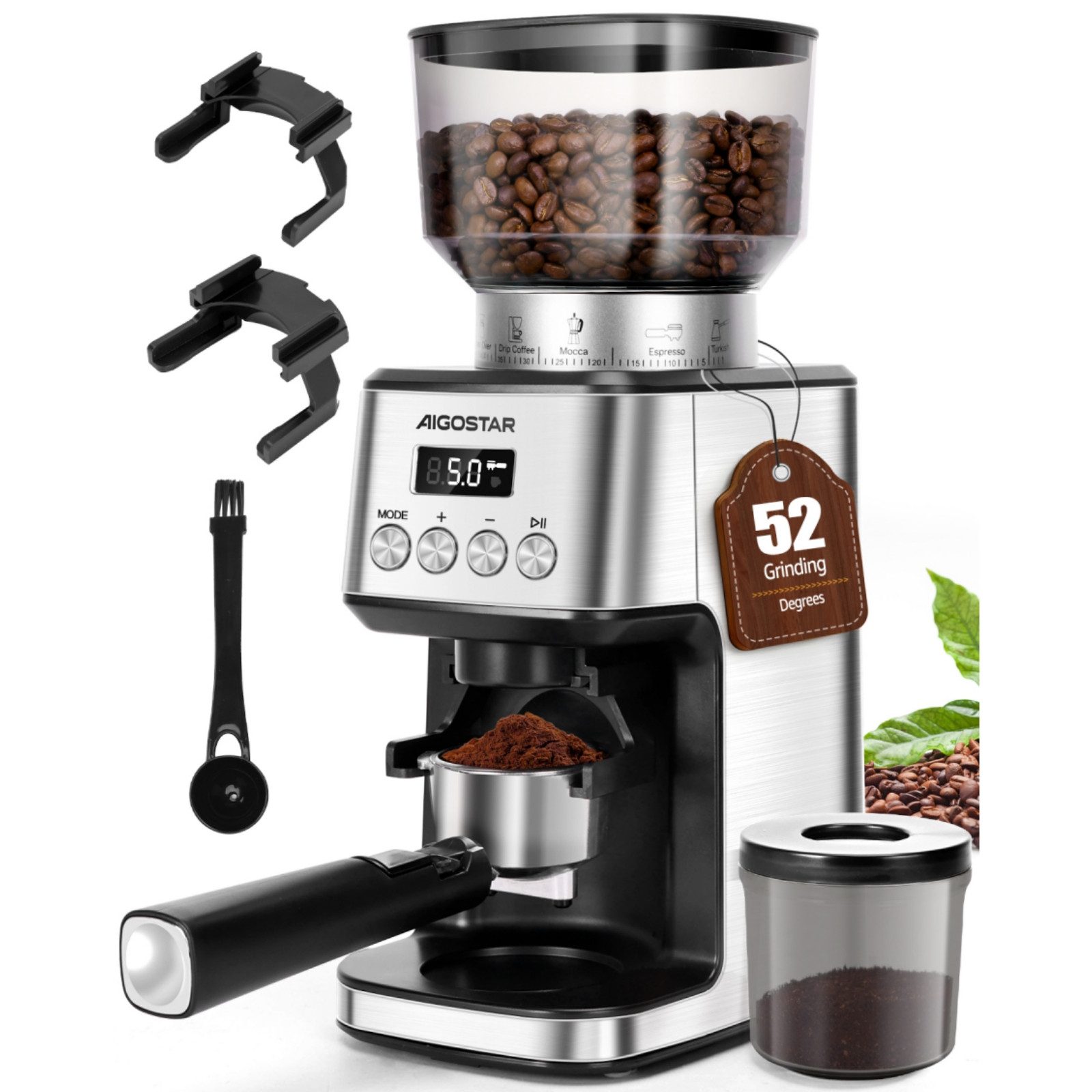 Aigostar Kaffeemühle Professionelle Coffee Grinder mit 52 Mahleinstellungen, Kegelmahlwerk, 180,00 W, Kegelmahlwerk, 320,00 g Bohnenbehälter, Geeignet für Espresso, mit Präzisem Digital Display, Edelstahl