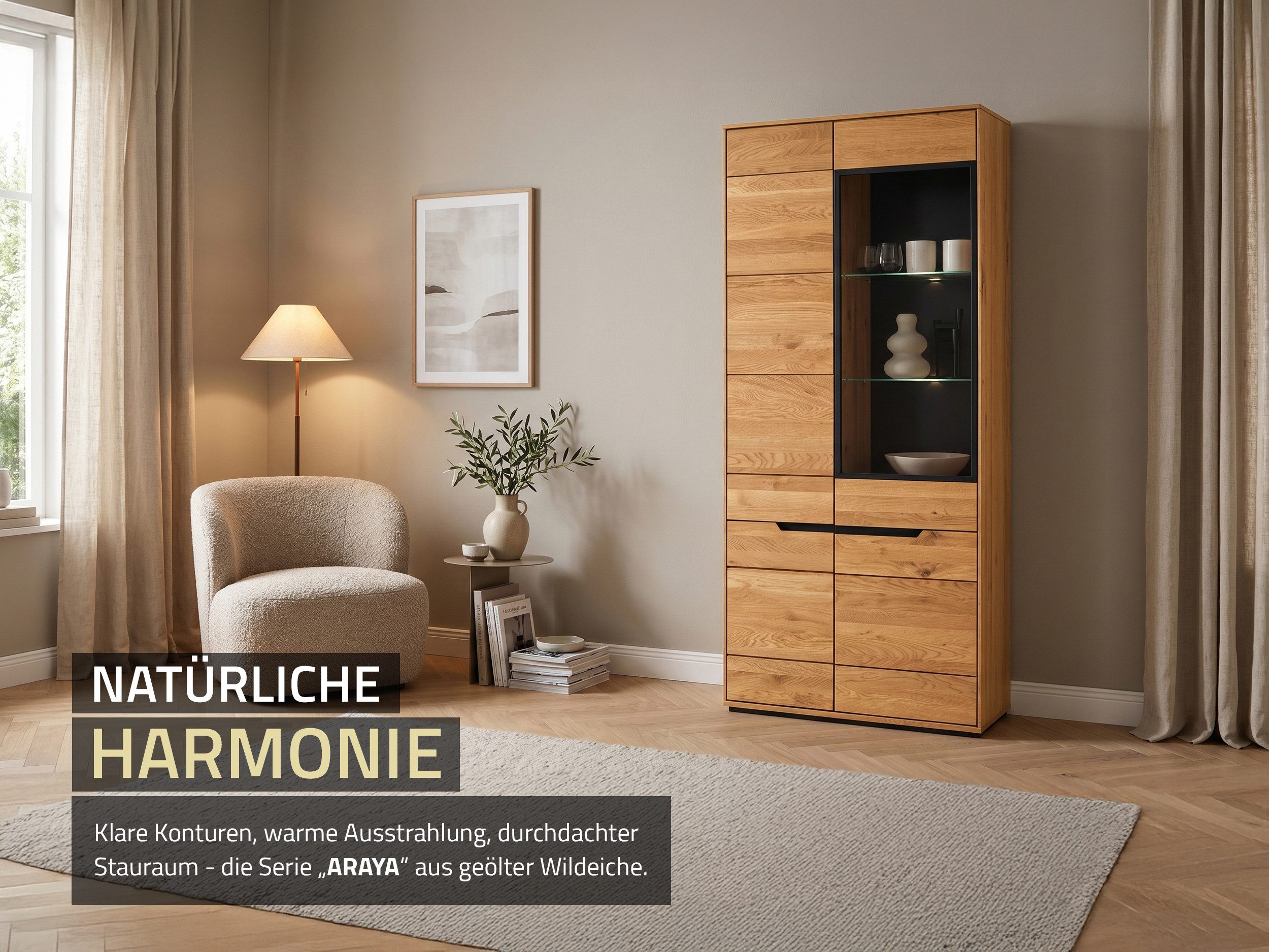 Massivart® Glasvitrine Vitrine 93 x 196 cm Wildeiche geölt »ARAYA« Massivholz · 1 Glastür · 3 Drehtüren · 6 Einlegeböden