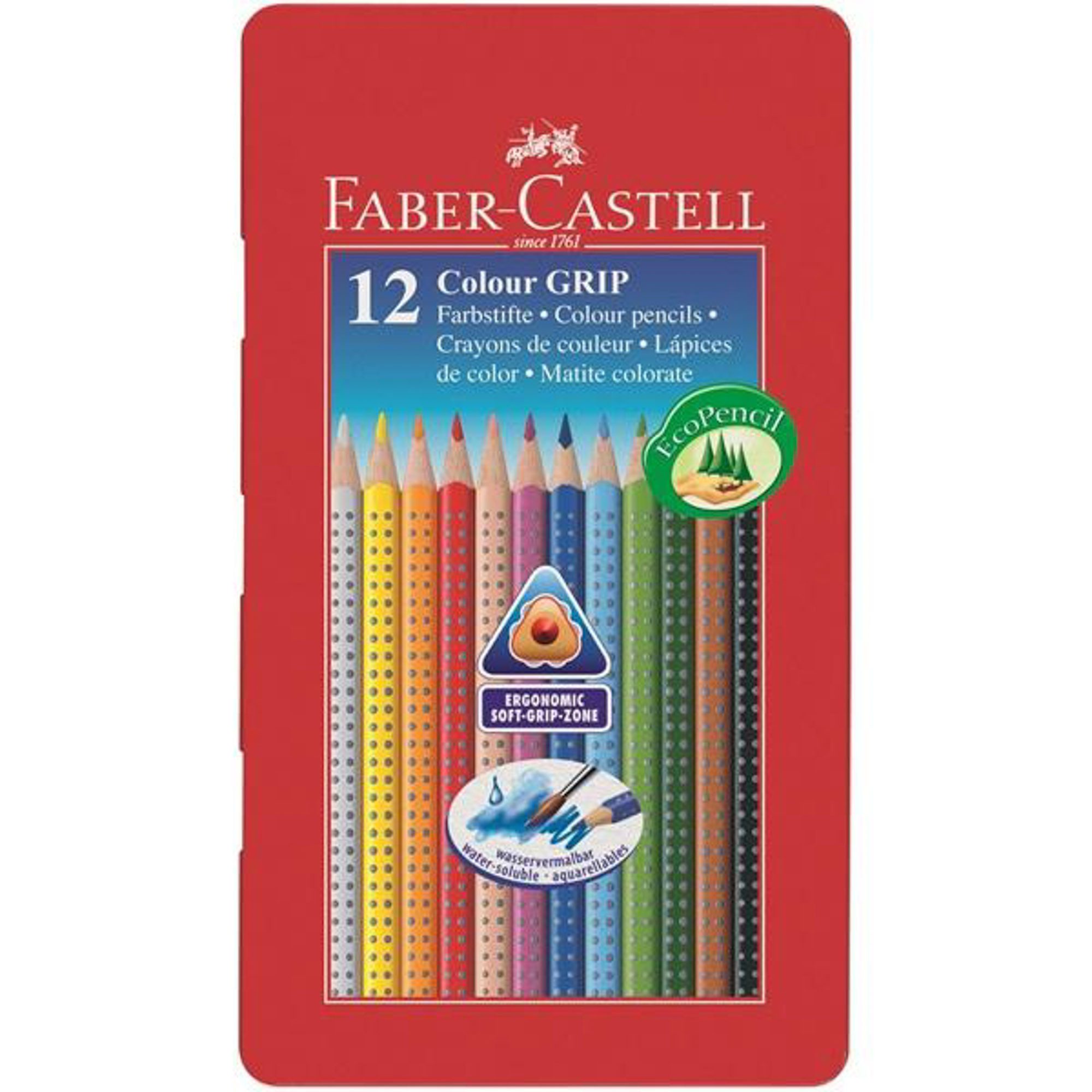 Faber-Castell Buntstift Colour Grip Buntstifte Set 12 farbig sortiert im Metall