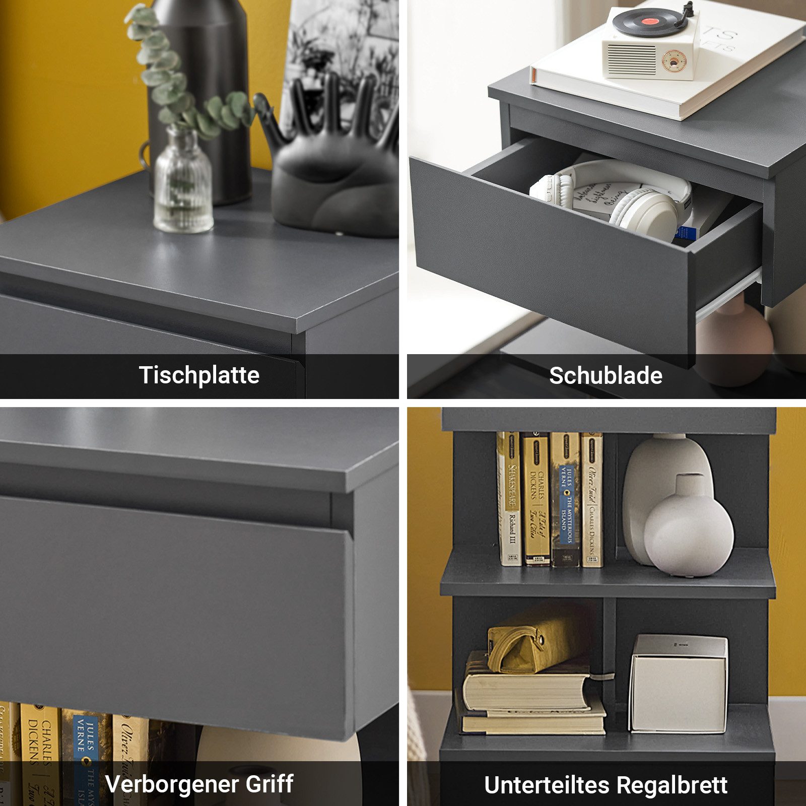 SoBuy Nachttisch FBT49, (1-St), Beistelltisch mit Schublade, Nachtschrank, offene Ablage – Bild 5 von 5
