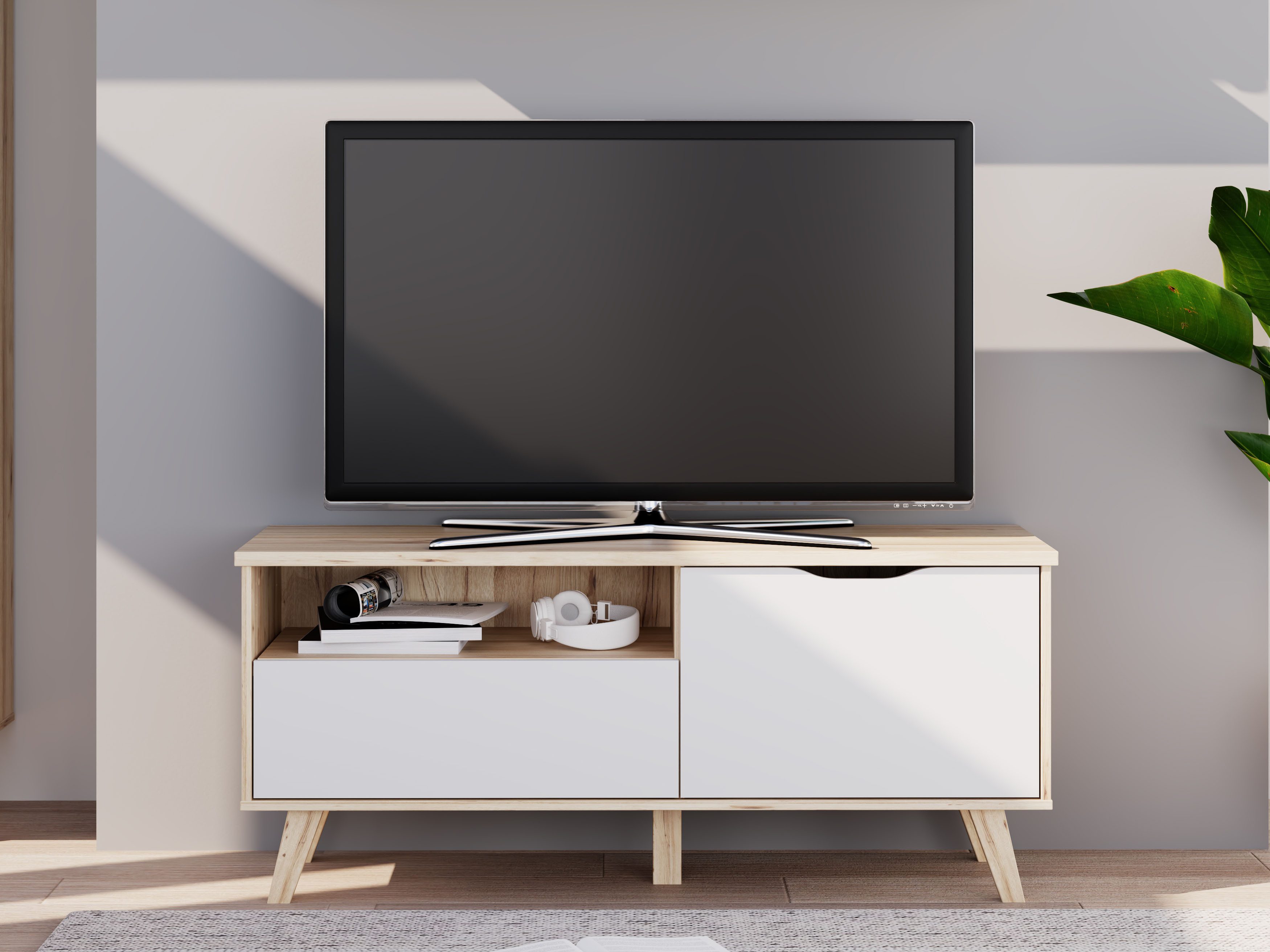 FORTE Lowboard Vankka TV-Bank, TV-Board (B/H/T 124,4/54,3/41,7 cm), TV-Teil, ca. 125 cm breit, viel Stauraum, Echtholzbeine – Bild 2 von 5
