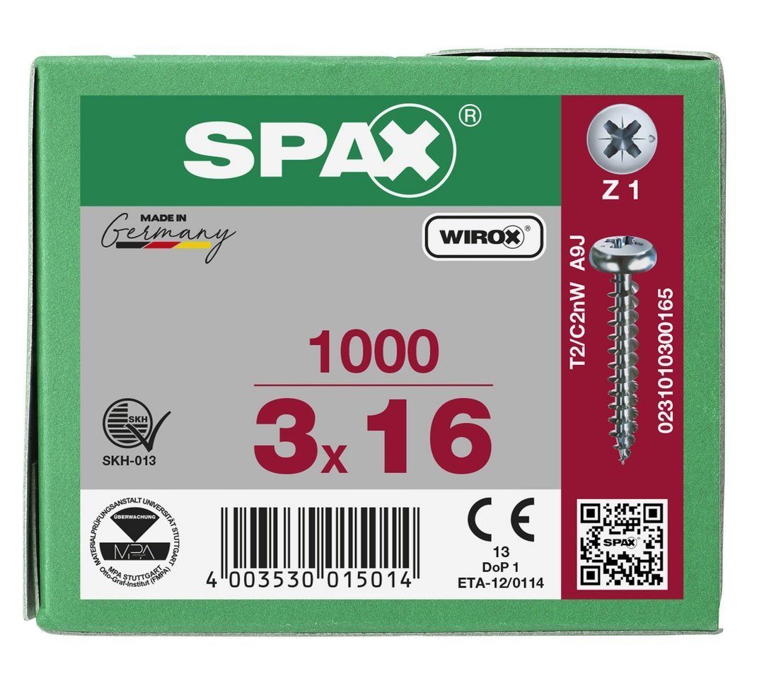 SPAX Spanplattenschraube 3x16 mm weiß St), Universalschraube, 1000 verzinkt, (Stahl
