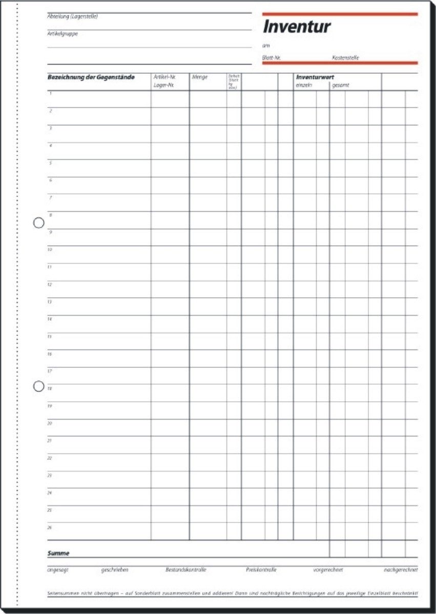 Formularblock Formularbuch Inventurbuch A4hoch weiß VE=50 Blatt.