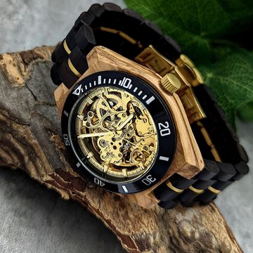 Holzwerk Automatikuhr CALAU Herren Edelstahl & Holz Armband Uhr in schwarz, beige, gold