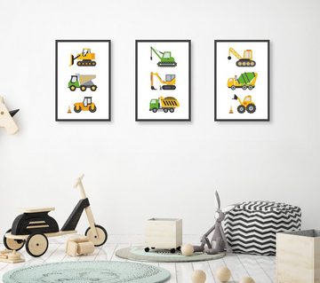 Himmelzucker Poster DIN A4 Wandbilder für Kinderzimmer Babyzimmer Bagger Lastwagen Bilder, Baustellenfahrzeuge (3-teiliges Poster-Set, 3 St), Kinderposter für Junge Mädchen (DIN A4 ohne Rahmen)
