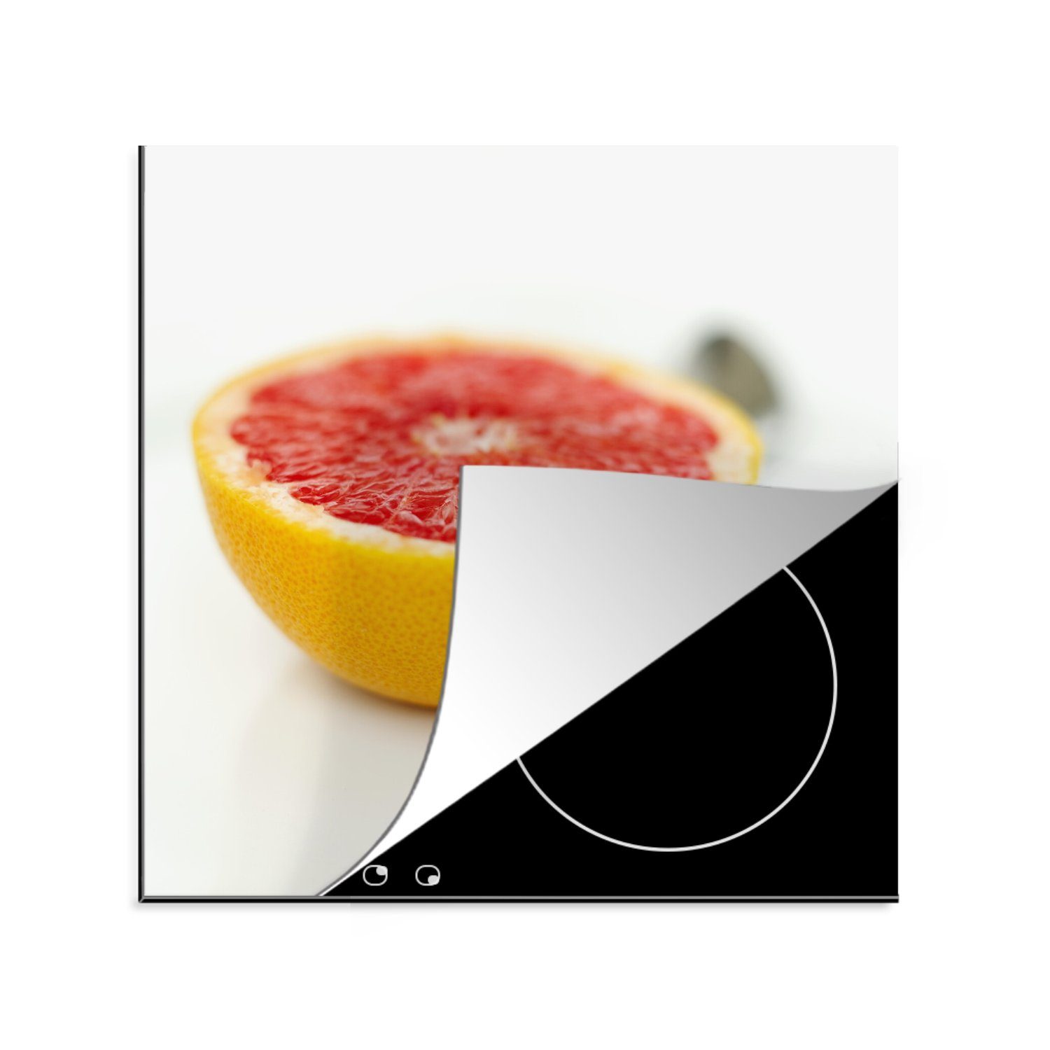 MuchoWow Herdblende-/Abdeckplatte Halbierte Grapefruit mit einem Löffel, Vinyl, (1 tlg), 78x78 cm, Ceranfeldabdeckung, Arbeitsplatte für küche