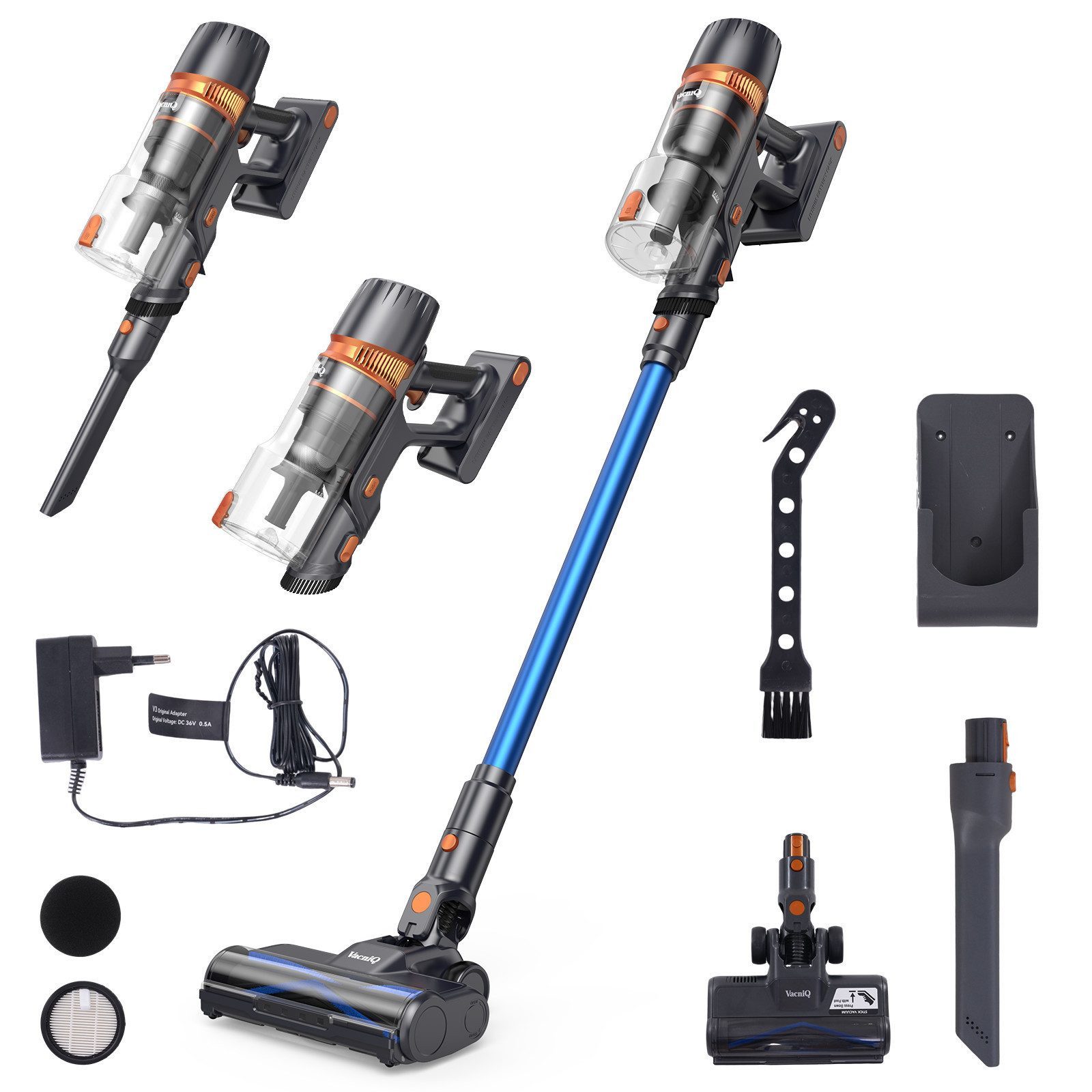 VacniQ Akku-Hand-und Stielstaubsauger 3-in-1-Standstaubsauger 500w, MAX 45kPa Saugkraft, bis zu 60 Mins, beutellos, Anti-Verwicklungs-Design, 5-stufiges HEPA Filter