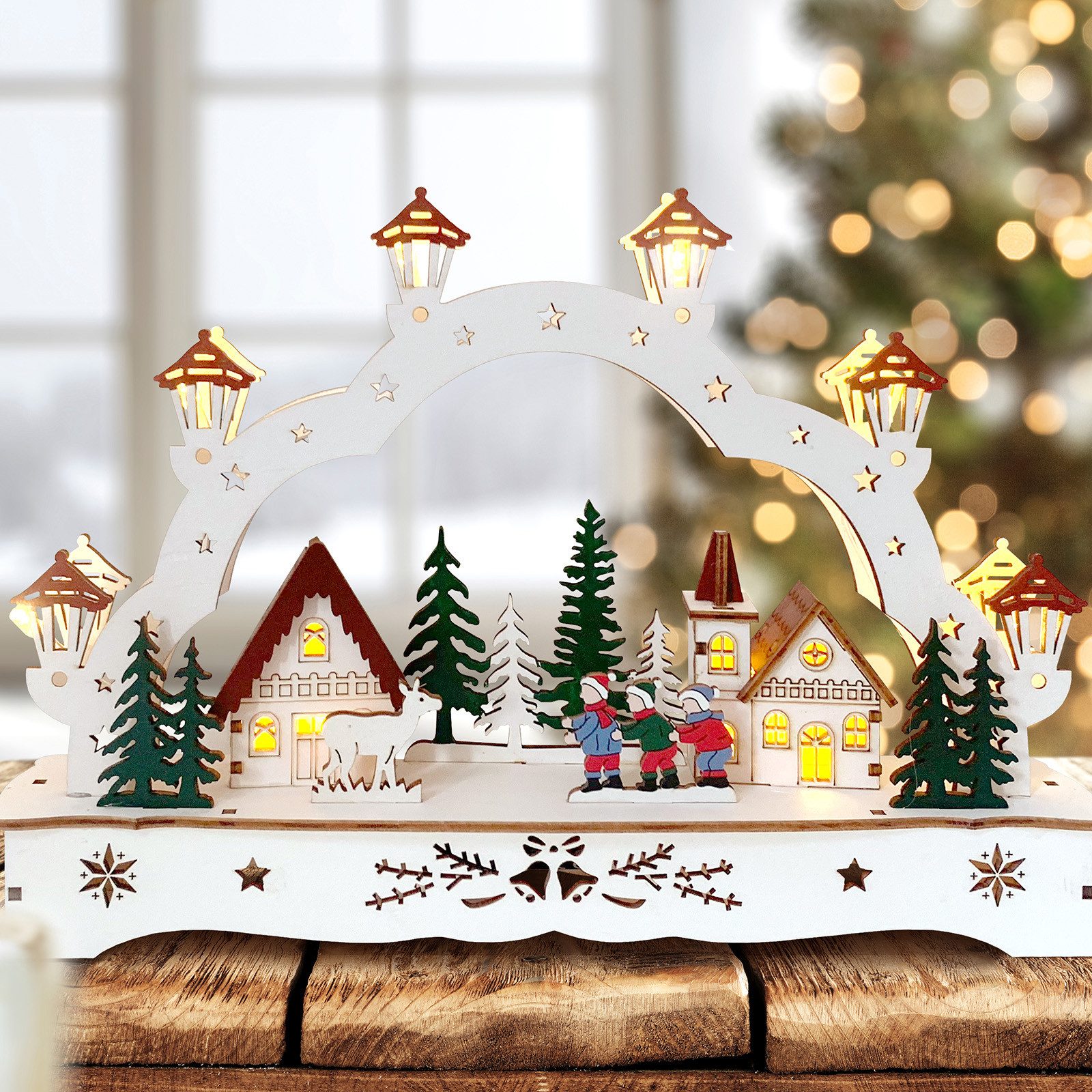 HTI-Living Schwibbogen Leuchtbogen in modernem Weiß Kinder mit Reh (1-tlg), günstig online kaufen