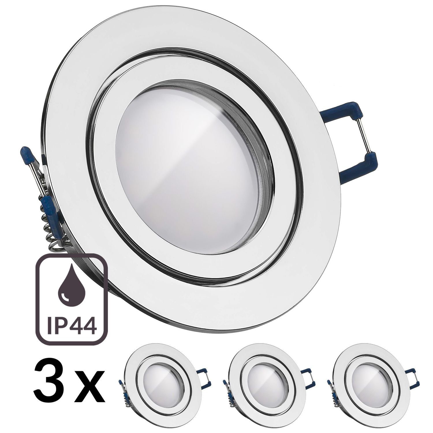 LEDANDO LED LED Einbaustrahler Chrom 3er GU5.3 mit Markenstrah LED Einbaustrahler / IP44 MR16 Set