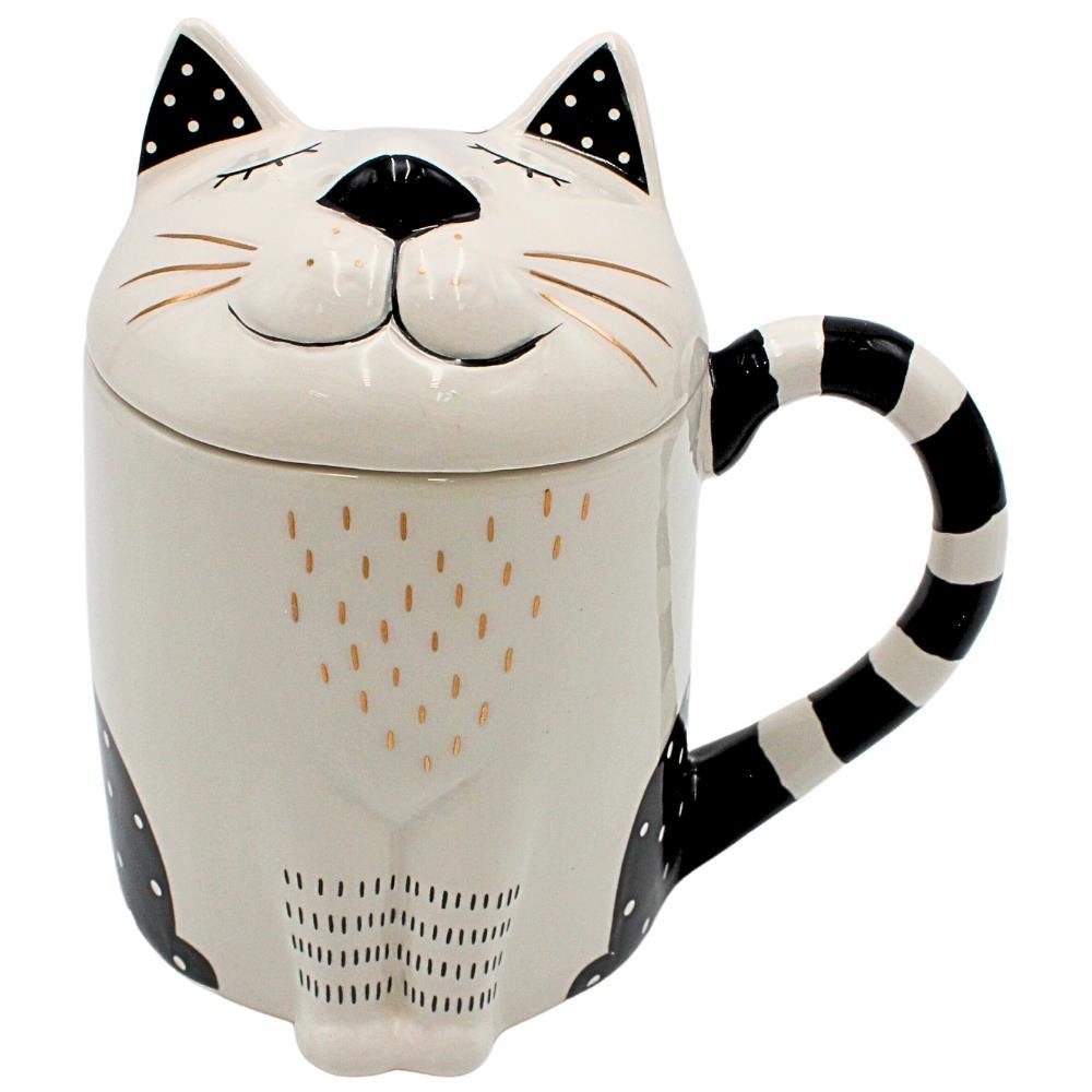 Dekohelden24 Tasse Kaffee-Becher, Teetasse als Katze mit Deckel aus  Keramik, Schwarz-Weiß, Keramik
