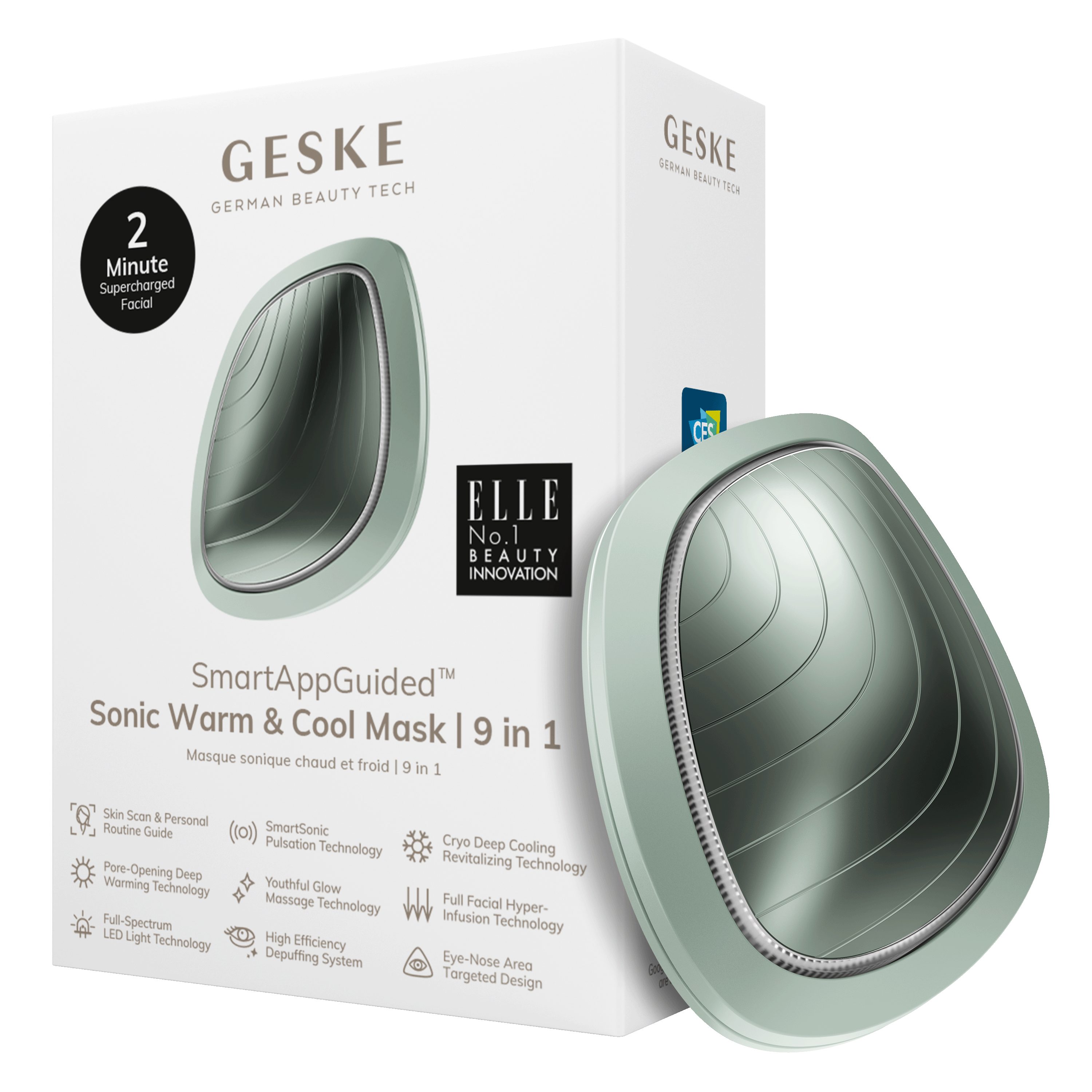 GESKE German Beauty Tech Enhancer SmartAppGuided™ Sonic Warm & Cool Mask 9 in 1, Packung (Gerät & USB-Ladekabel), 2-tlg., Gerät inkl. kostenloser APP (SmartAppGuided Device), Mit der GESKE App erhältst Du deine personalisierte Hautpflegeroutine. Green