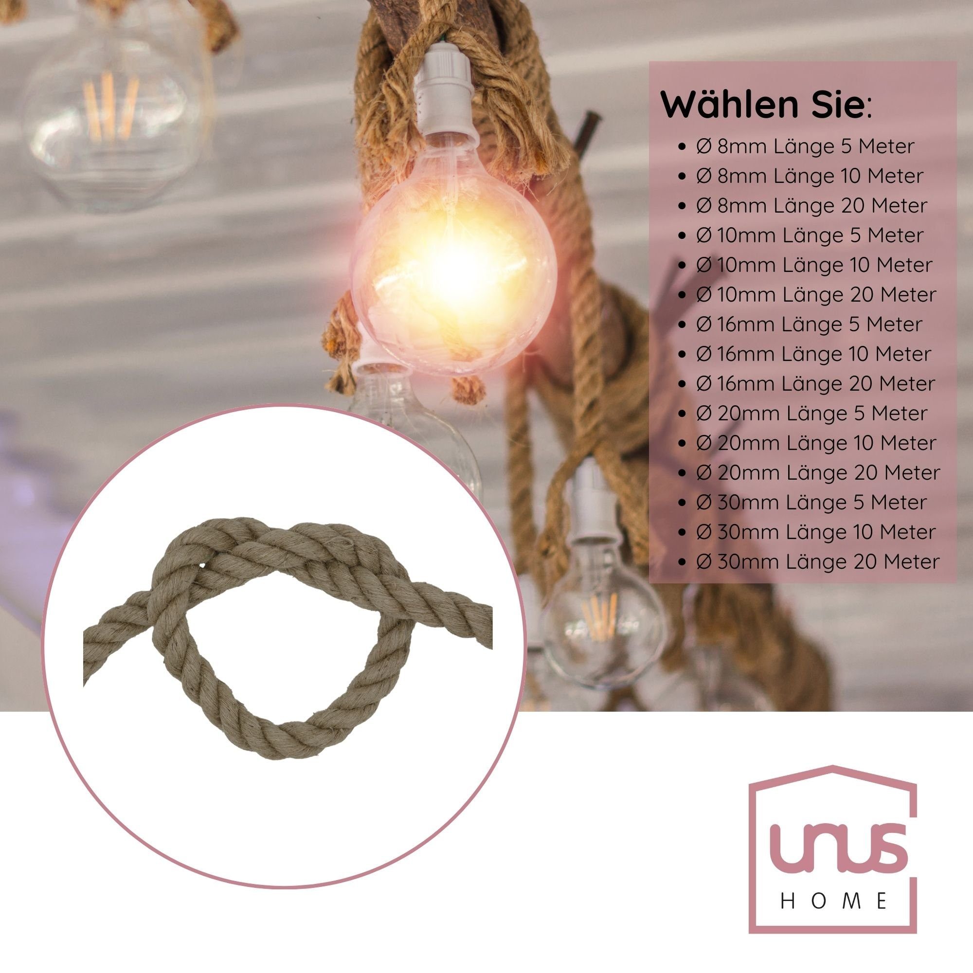 UNUS HOME Naturfaserseil Juteseil gedreht Seil (Stärken: 8mm, 10mm, 16mm, 20mm oder 30mm), Natur Hanf Tau Seil Deko Gartendeko DIY-Projekte Bastel-Projekte