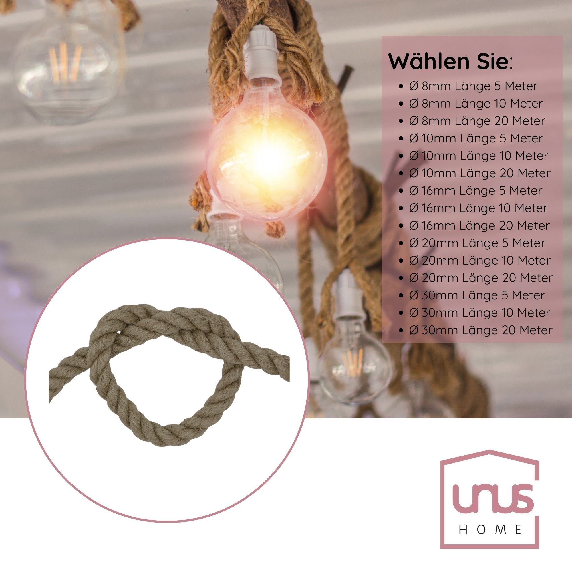 UNUS HOME Naturfaserseil Juteseil gedreht Seil (Stärken: 8mm, 10mm, 16mm, 2 günstig online kaufen