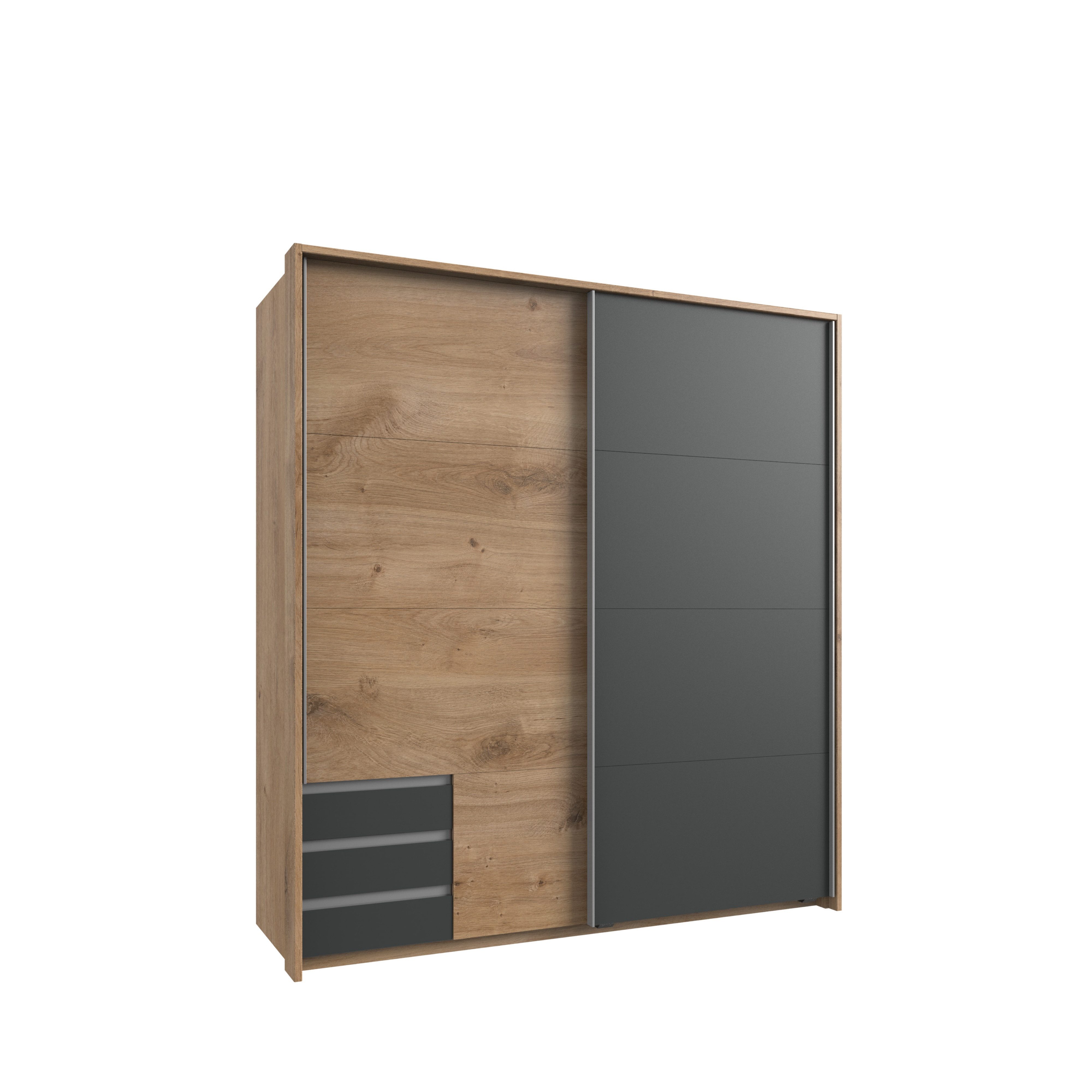 luma-home Schwebetürenschrank 22699 (B183/H200/T65 cm, Kleiderschrank 2-türig mit viel Ausstattung, alufarbige Griffleisten) m. Passepartout in Eiche Dekor, sichtbare Schubladen & 1 Tür in Grafit