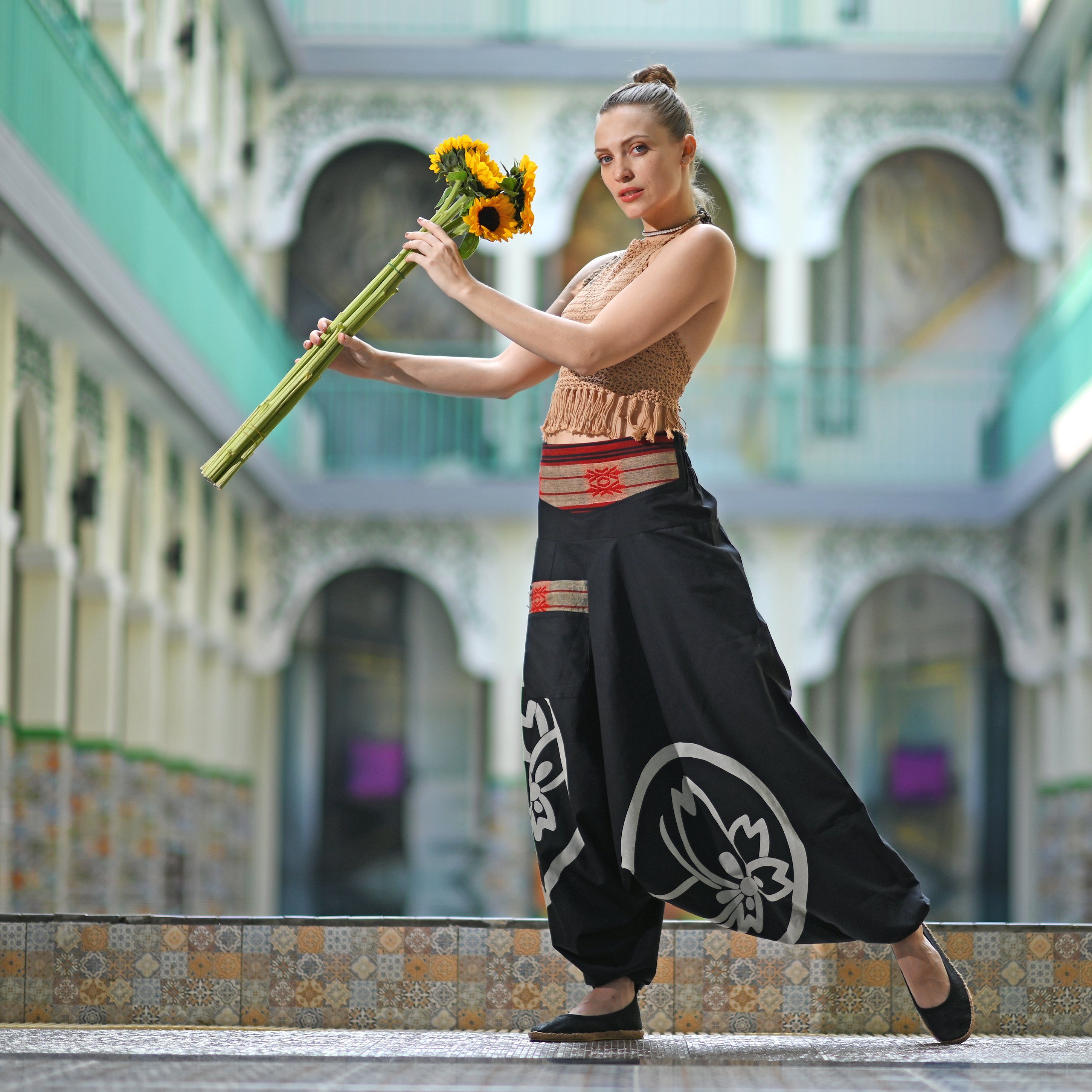 virblatt Haremshose Aladinhose Damen & Haremshose Herren, Baumwolle, Goa Hose Sommerhose Tasche mit Reißverschluss