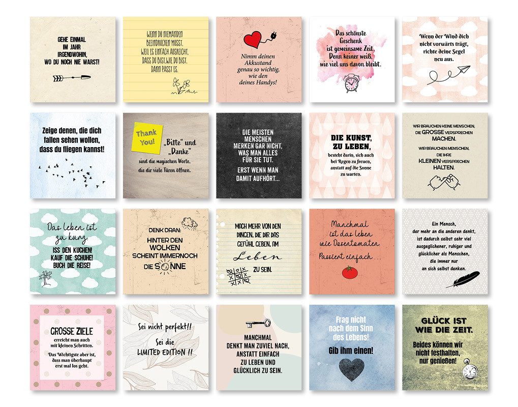 TypeStoff Grußkarten TypeStoff Spruchkarten Set Hygge 25 Karten 50 Sprüche 10,5x10,5 cm, 50 Sprüche auf 25 Karten 300 g/m² FSC-Papier Format 10,5 x 10,5 cm