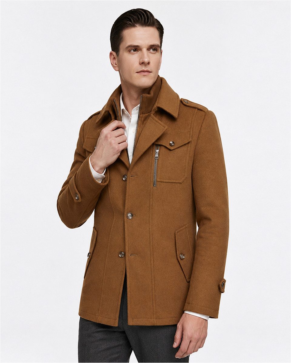 Allthemen Kurzmantel Herren Slim Fit Wollmantel mit abnehmbarem Doppelkragen Wintermantel