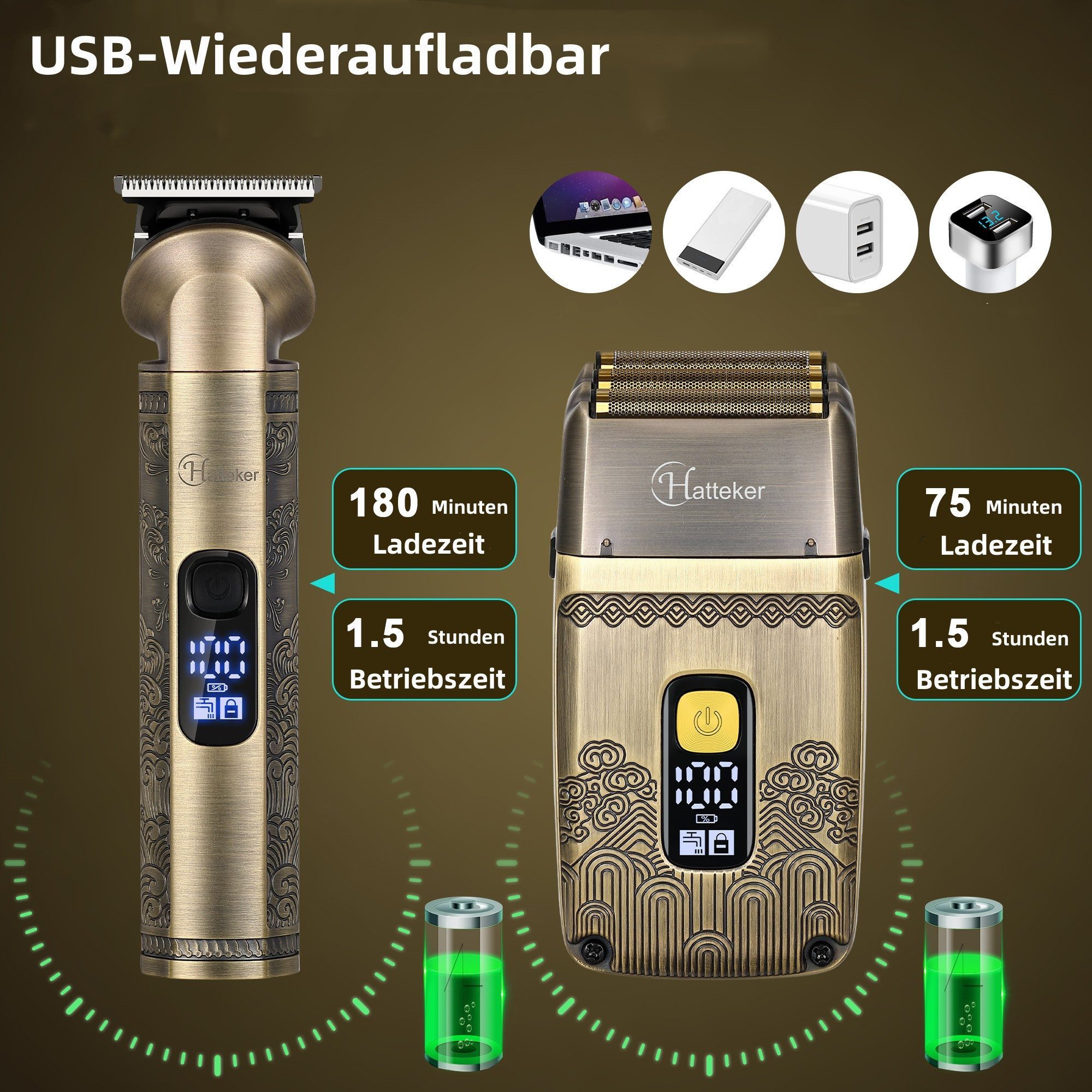 HATTEKER Haarschneider HT-602, Haartrimmer, Folienrasierer, Haar- und Bartschneider 4 in 1, Wasserdicht