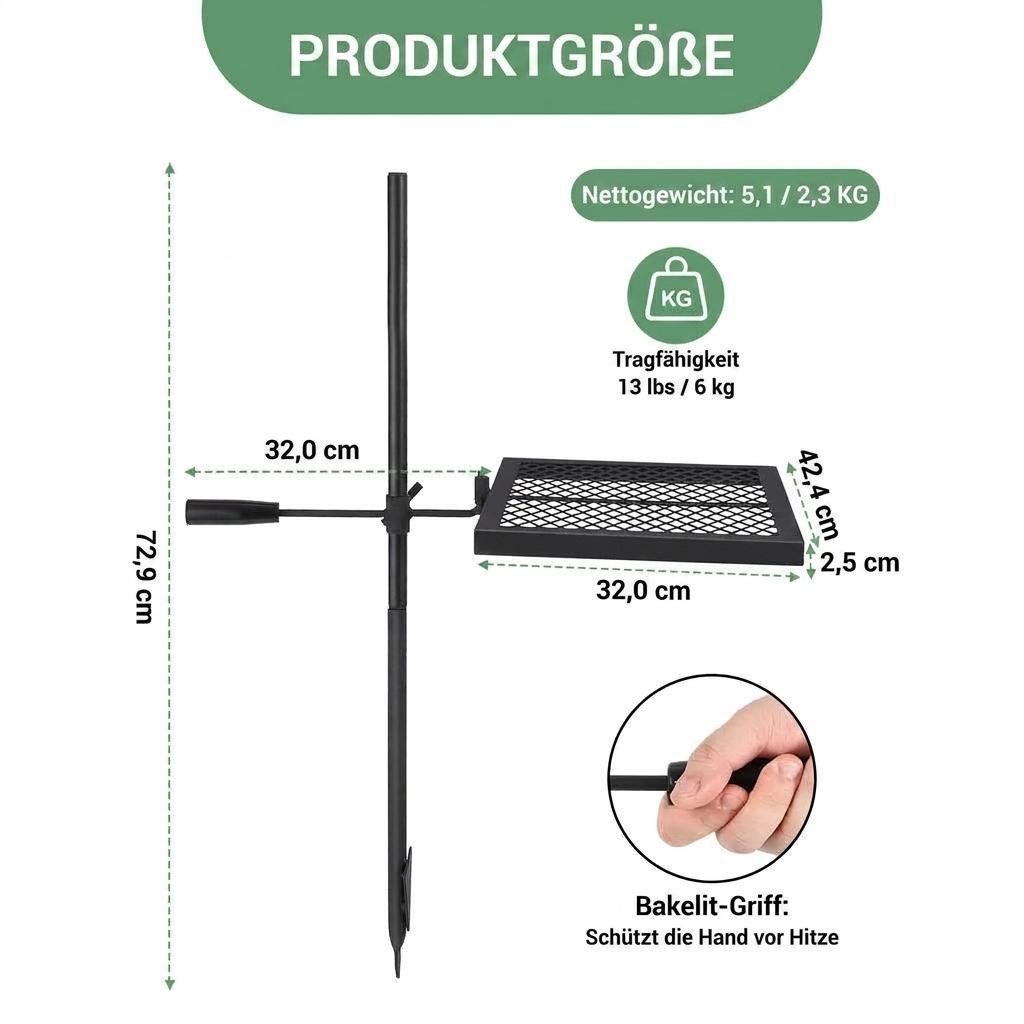 GarveeMore Holzkohlegrill Drehspieß Schwenkgrill Freistehend Belastbarkeit 600 ℃ 40x40cm