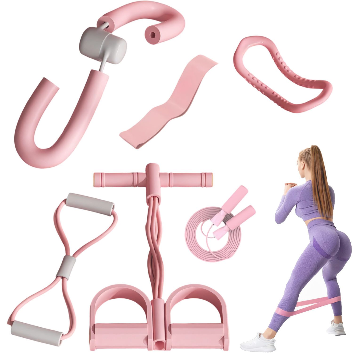 HEYHIPPO Multitrainer 6-teiliges Yoga- und Fitness-Set, Pink, Ganzkörpertraining zu Hause, (Platzsparendes Yoga-Set, rutschfestem Griff und ergonomischem Design), Heim-Workout Set,Trainingsbänder, Expander & Sprungseil für Ganzkörper