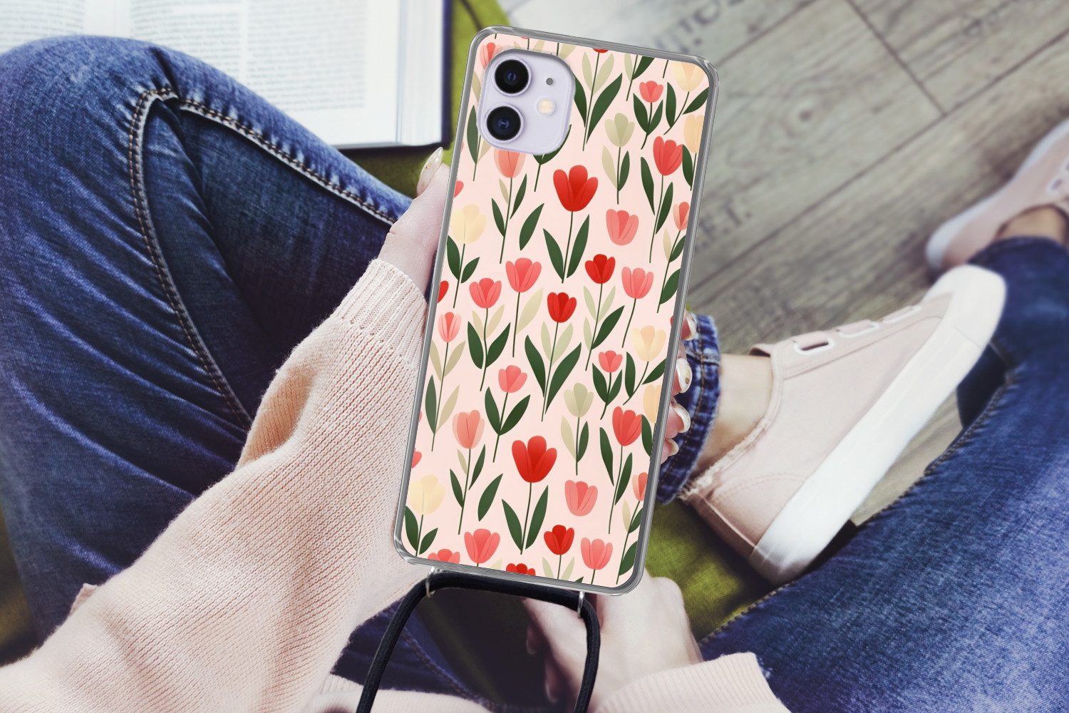 MuchoWow Handyhülle für Apple iPhone 12 Tulpen - Modern - Rosa, Tragbare Handyhüllen mit Kette zum umhängen, Handykette Handyband
