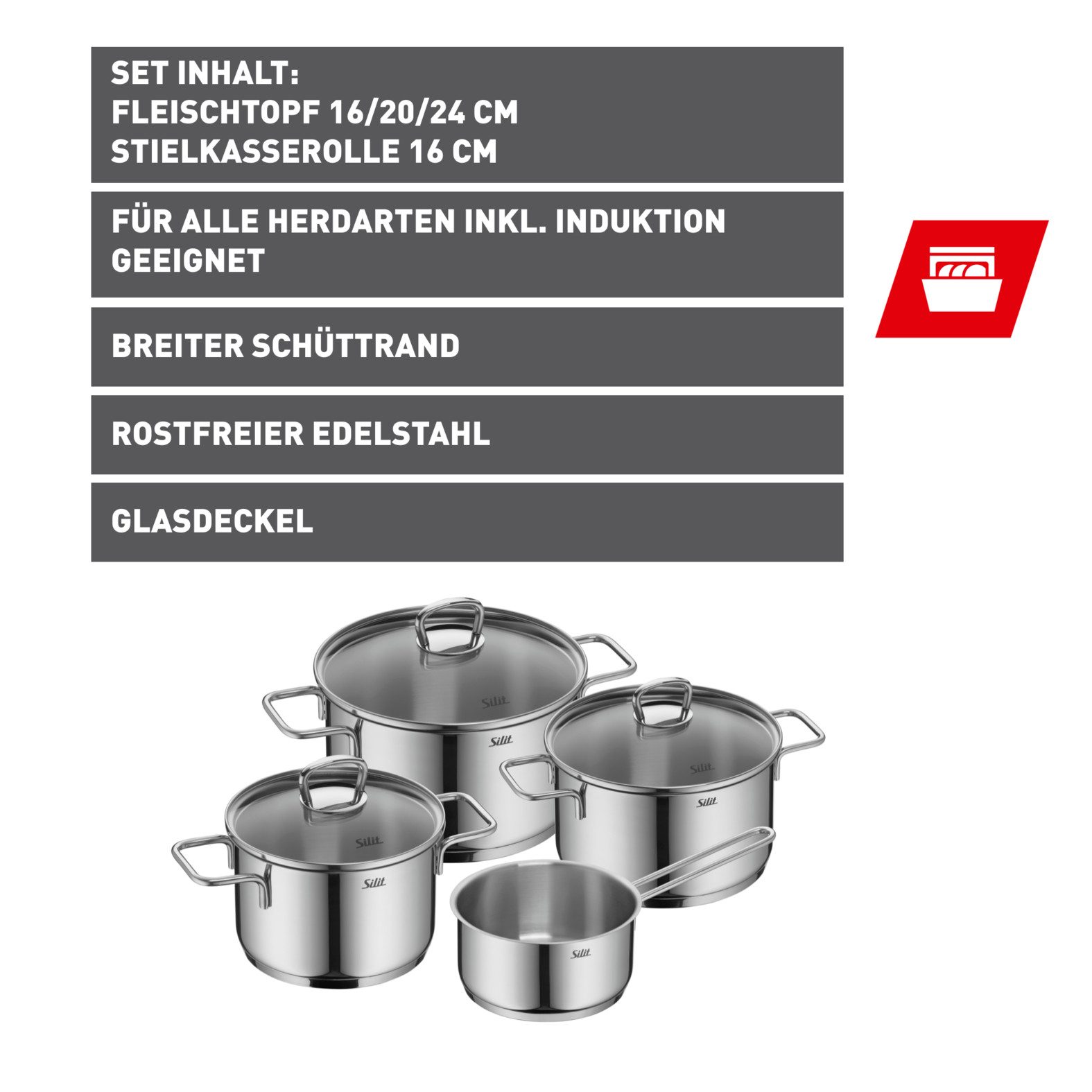 Silit Topf-Set Alicante, Edelstahl 18/10 (Set, 7-tlg), Silitherm-Allherdboden, induktionsgeeignet, spülmaschinengeeignet