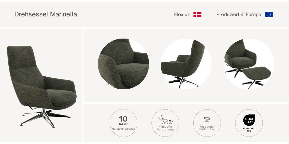 FLEXLUX Drehsessel Marinella, Relaxsessel, Entspannung mit Premium-Komfort, Drehbar, Mit Liegefunktion, Robustes Schwarzer fuß, Brescia Stoff