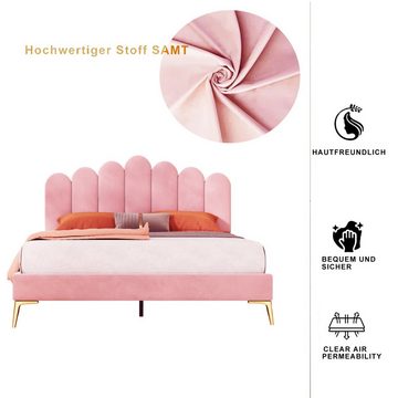 SEEZSSA Polsterbett Hautfreundlichem Samtstoff Doppelbett 140 x 200 cm, Bettgestell mit Kopfteil und Lattenrost,beige/Grün/rosa