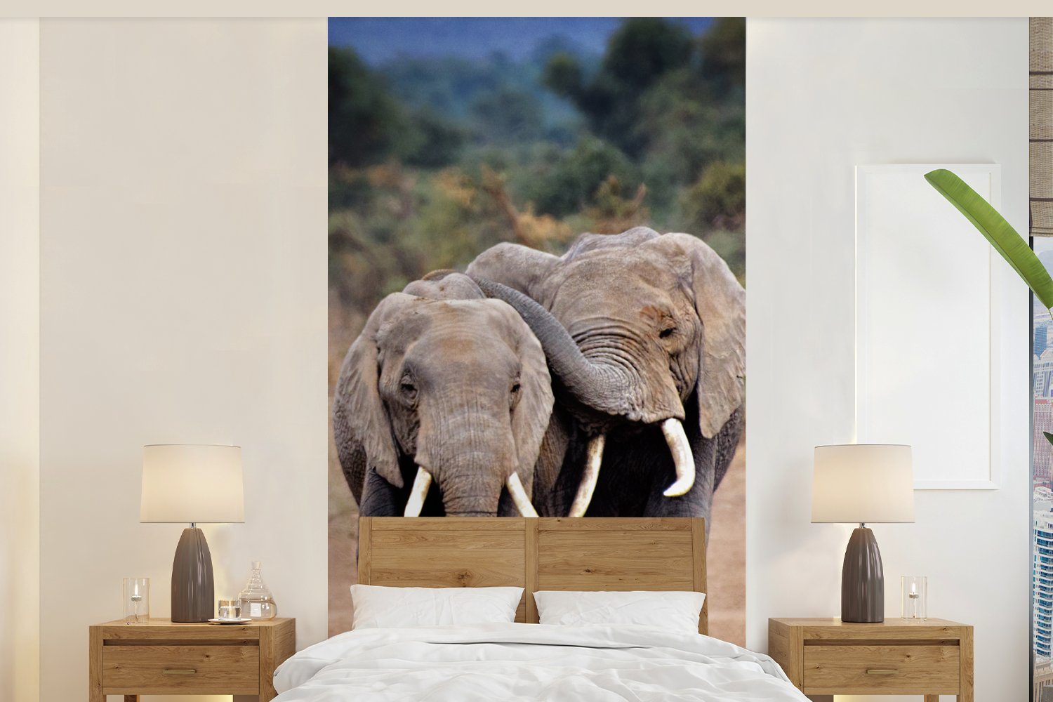 MuchoWow Fototapete Elefant - Tiere - Bäume - Natur, Matt, bedruckt, (2 St), Vliestapete für Wohnzimmer Schlafzimmer Küche, Fototapete