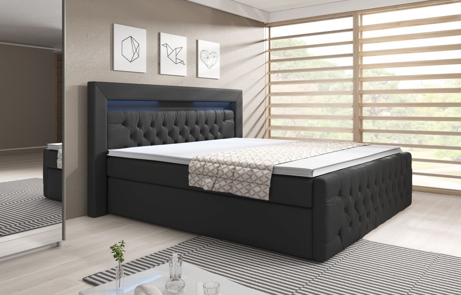 Lukas Möbel Boxspringbett Chesterfield Boxspringbett Venezia mit Bettkasten und LED, Chesterfield-Design