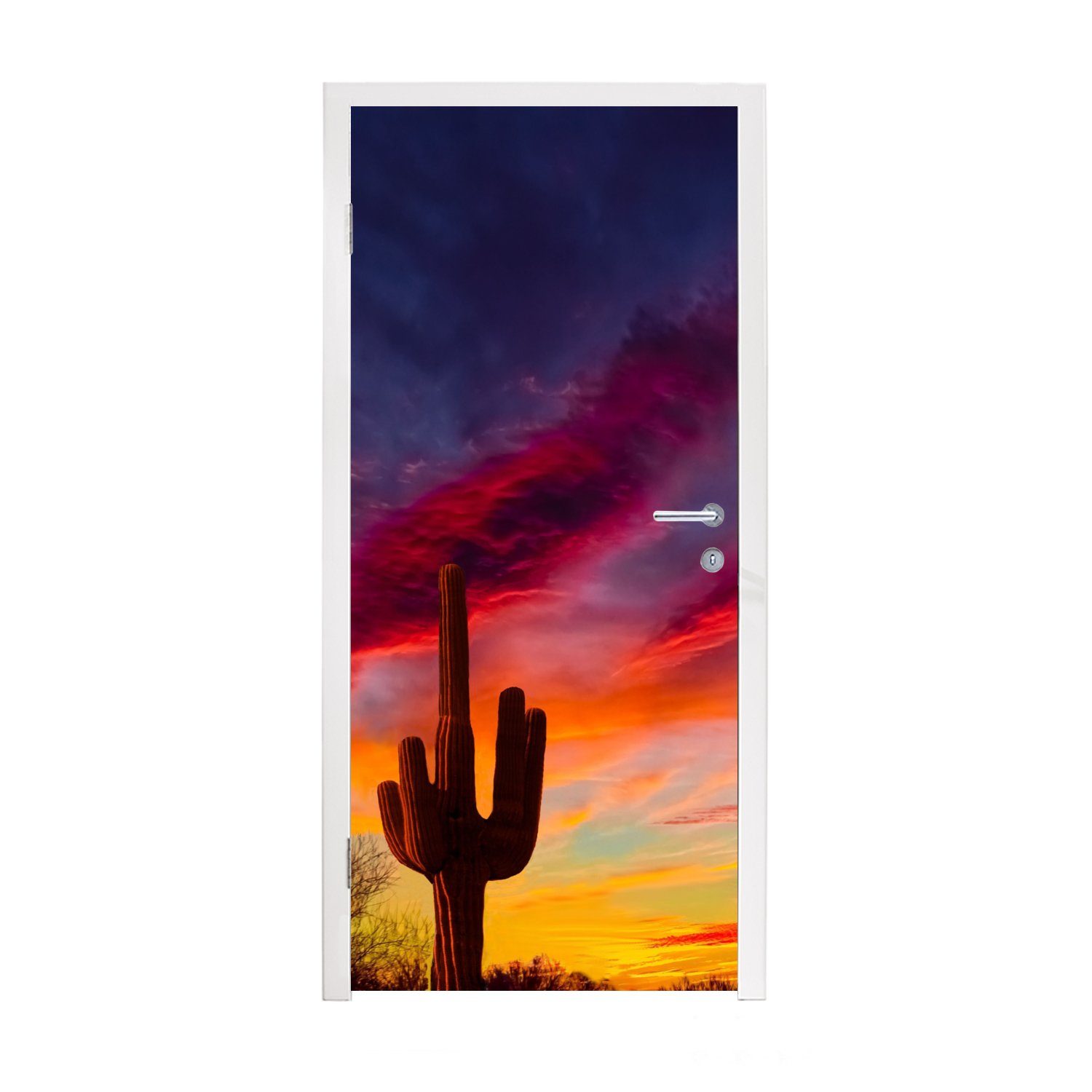 MuchoWow Türtapete Kaktus - Himmel - Sonnenuntergang - Lila - Rosa, Matt, bedruckt, (1 St), Fototapete für Tür, Türaufkleber, 75x205 cm