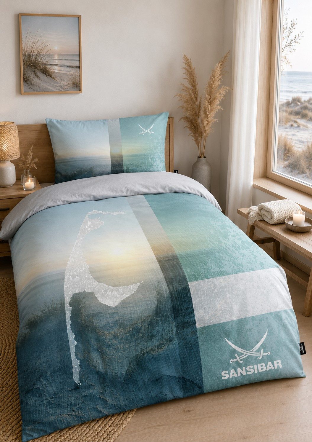 Sansibar Sylt Bettwäsche Sunset mit Sylt-Motiv Wendebettwäsche, 100% Baumwolle, 2 teilig, Fein gewebte, glatte und weiche Baumwollsatin-Qualität