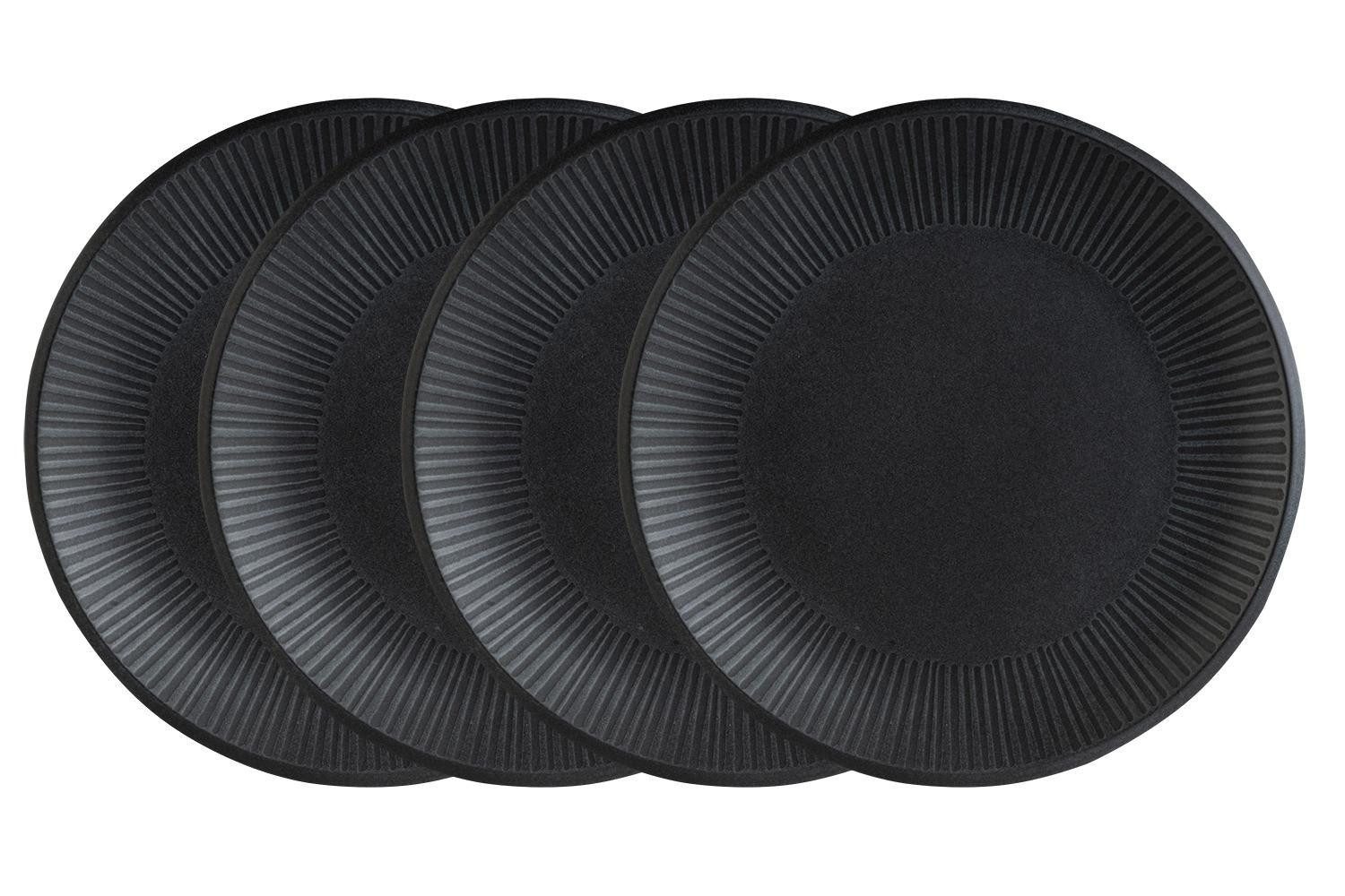Home4You Тарелка обеденная 4er Set, Schwarz, Ø 27 cm, Steingut, mit linienförmiger Reliefprägung