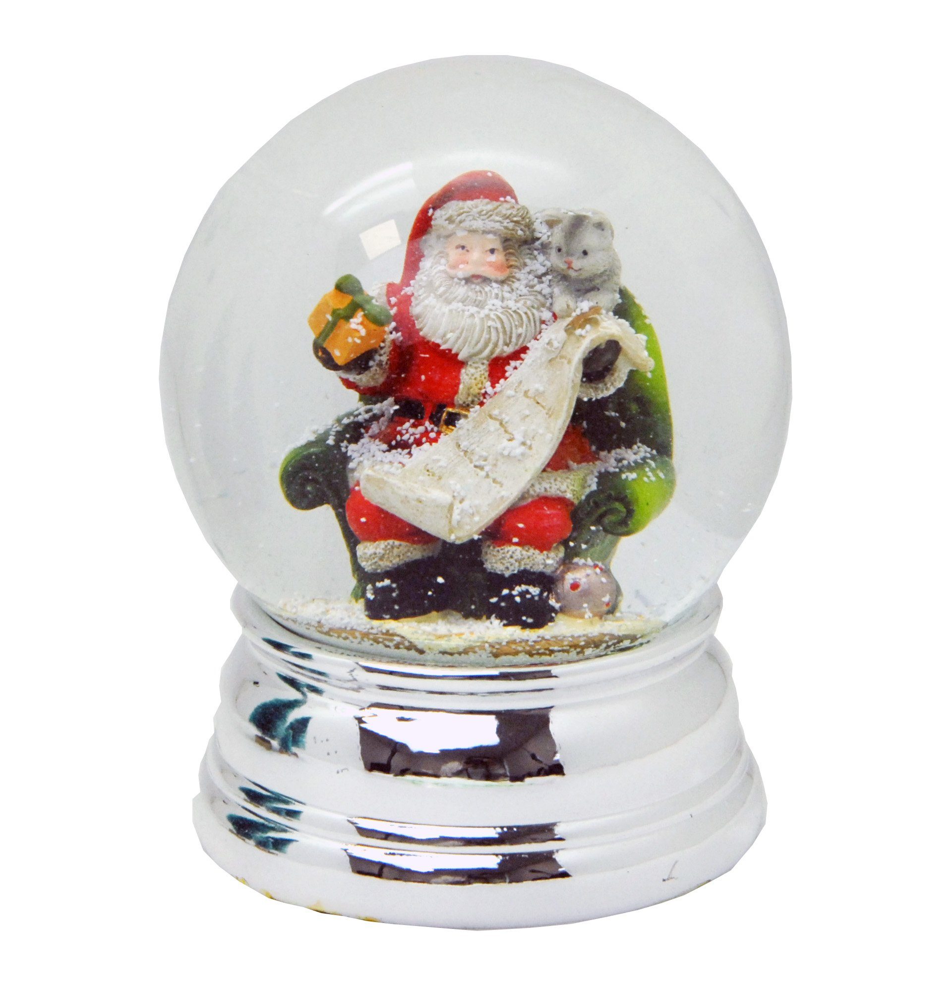 MINIUM-Collection Schneekugel 100 mm Weihnachtsmann Geschenkeliste silber breit glänzend Sockel