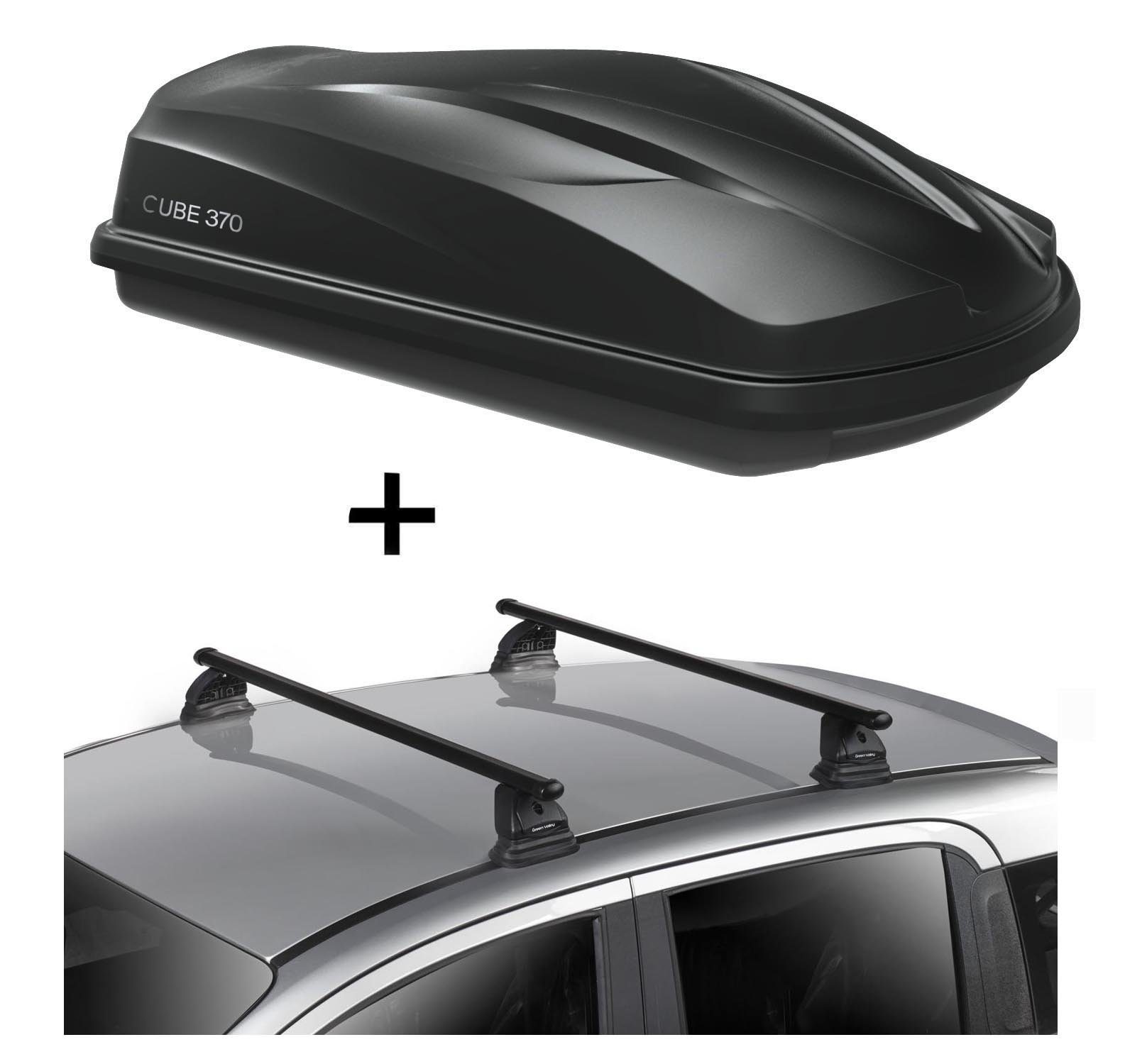 VDP Dachbox, Dachbox CUBE370 370 Liter schwarz glänzend + Dachträger VDP EVO Stahl kompatibel mit Mercedes CLA Shooting Brake (X117) 5 Türer 2015-2019