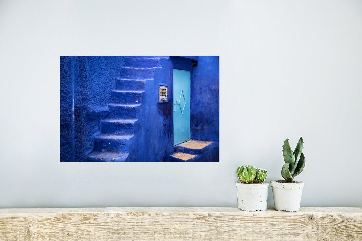 Treppe - Ohne - St), Poster, Wandbild, MuchoWow Architektur - Wohnzimmer, Wandposter für Blau Tür, Poster Rahmen (1