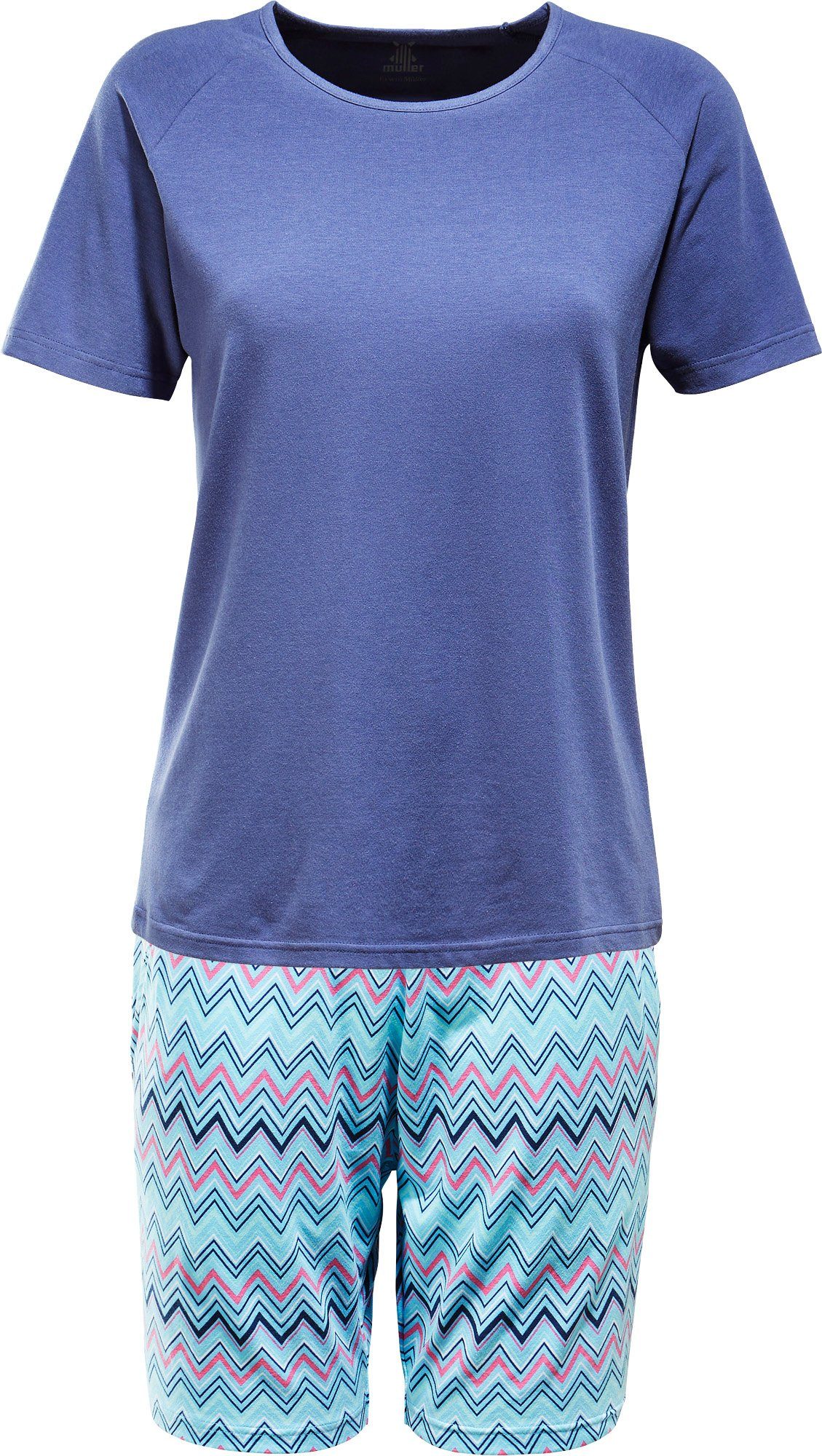 Müller Single-Jersey Damen-Shorty Pyjama Erwin gemustert blau