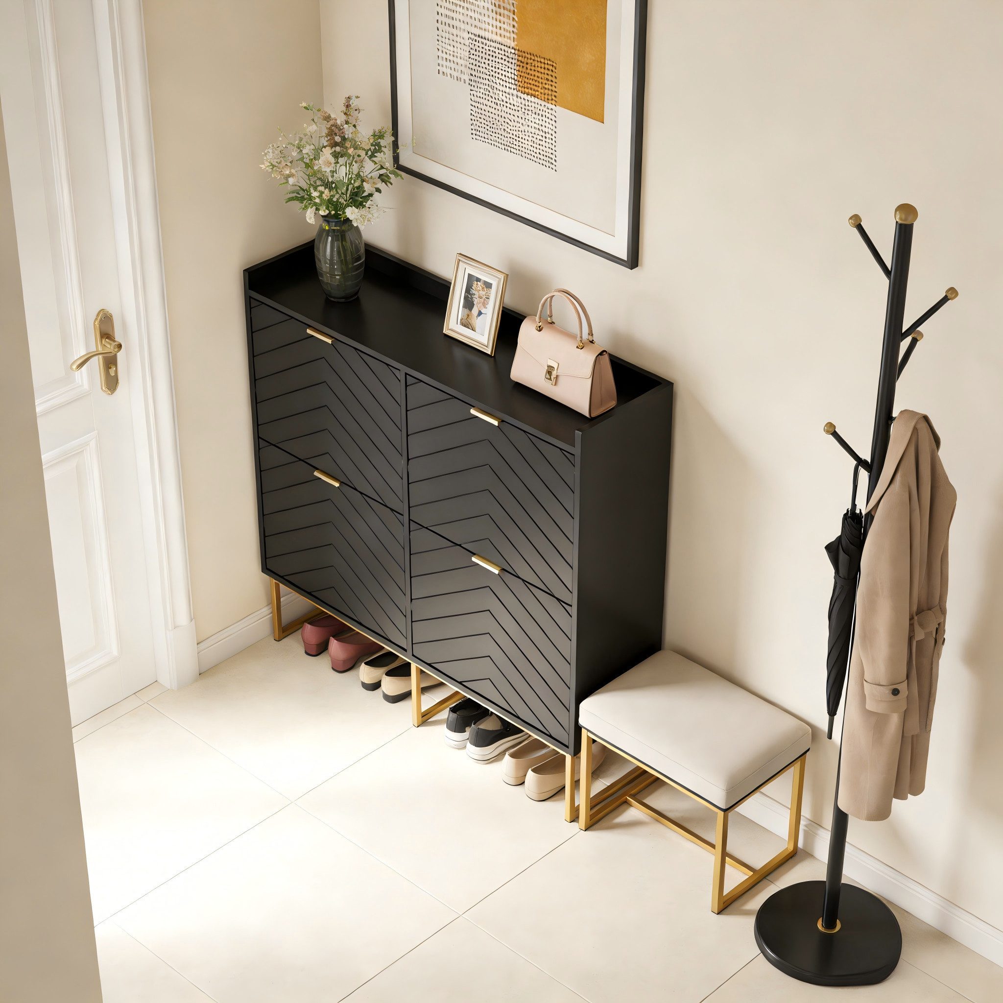 UEV Schuhschrank mit 4 Klappen, Schuhkipper Schmal, Schuhregal mit Metallfüße (Packung, Modern Schuhaufbewahrung mit Oberplatte Schuhkommode mit Kippsicherung) trennwände verstellbar und abnehmbar für verschiedene Schuhtypen