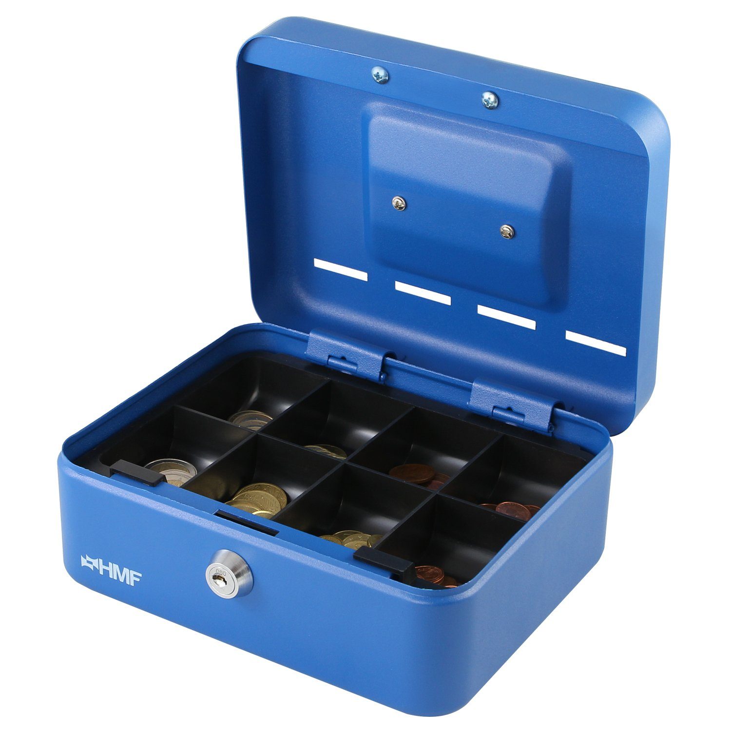Einwurfschlitzen, HMF robuste Geldkassette Bargeldkasse Schlüssel, Sparkassette, blau mit mit 20x16x9 abschließbare Geldbox cm