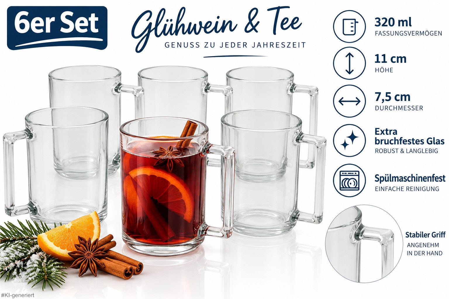 steinwohn Teeglas Glühwein- & Teegläser 320 ml, 6er Set, spülmaschinenfest, 11 cm hoch, Ø 7,5 cm