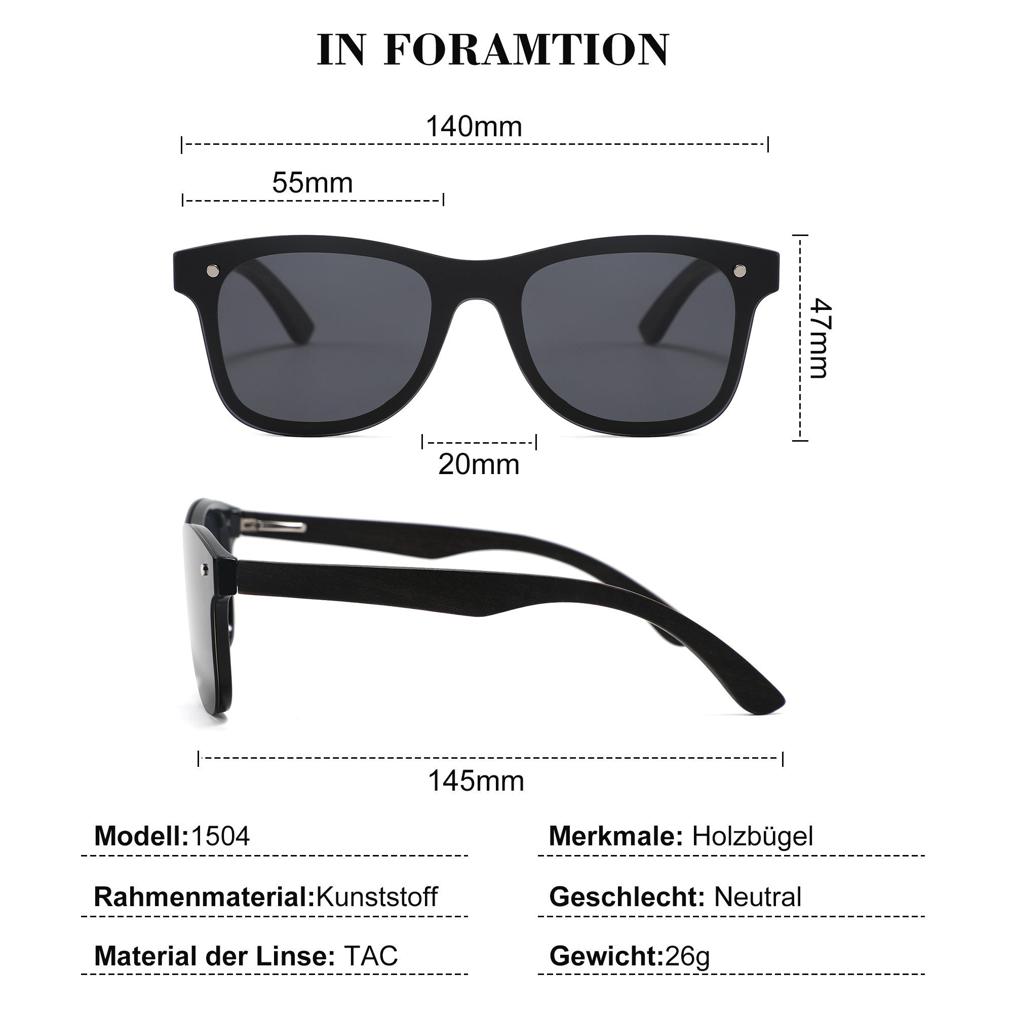 Vbrisi Sonnenbrille Holz Brillenetui, Damen Sonnenbrille mit Mode UV-Schutz, Holzbügeln Sonnenbrillen Trendy Herren und mit