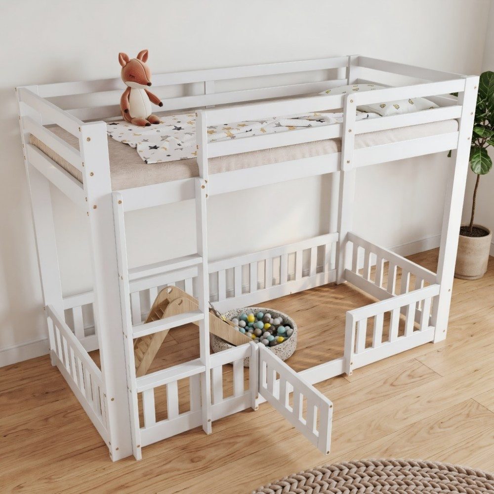 MODFU Etagenbett mit rechtwinkliger Treppe, Geländer und Tür (Hochbett mit Absturzsicherung, freier Gestaltungsraum unter dem Bett, Jugendbett Holzbett 90x200cm), ohne Matratze
