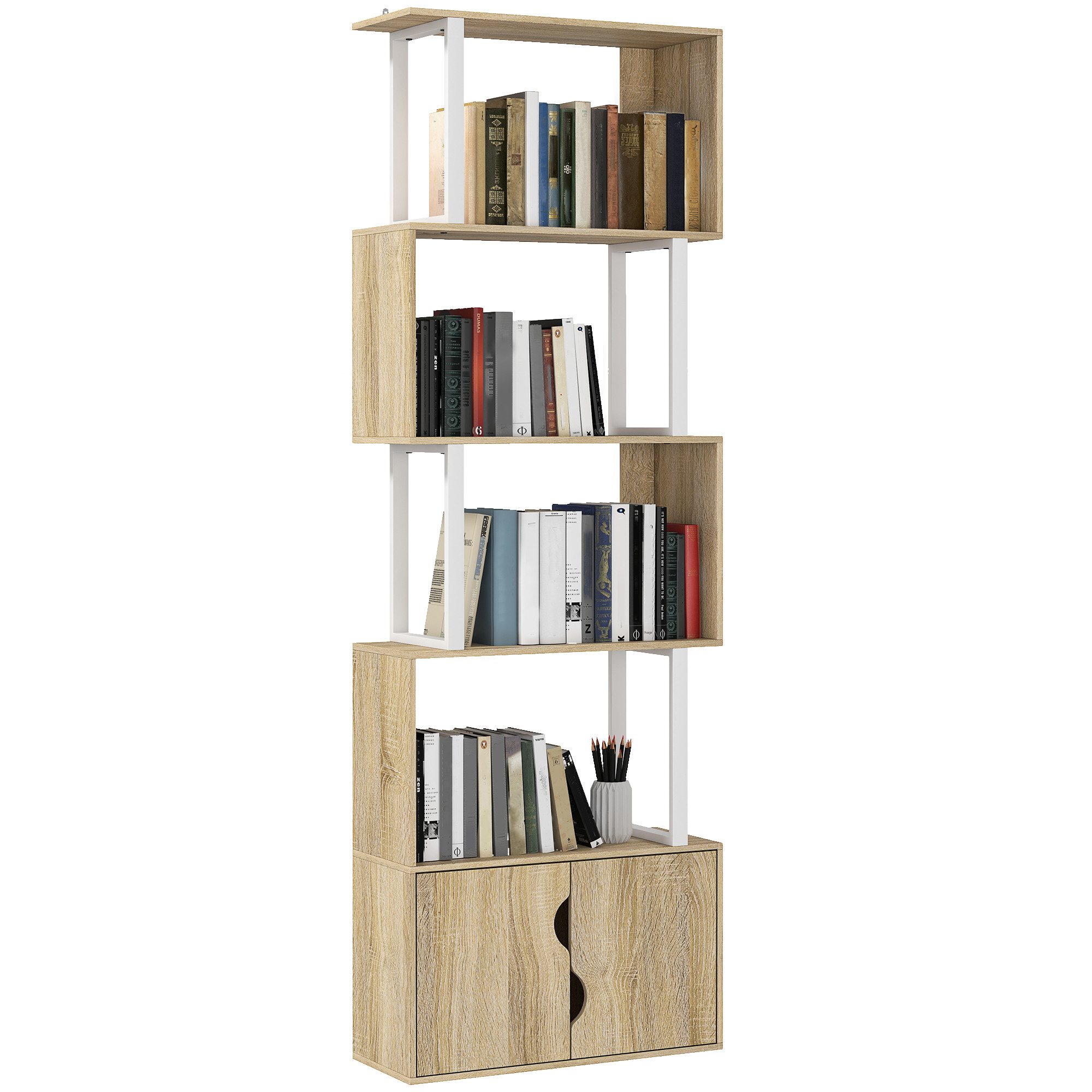 MC Star Bücherregal 5-stöckiges Bücherregal, Aufbewahrungsmöbel, mit Regalböden und Doppeltürschrank, 60 x 23,8 x 179,2 cm, Naturholz