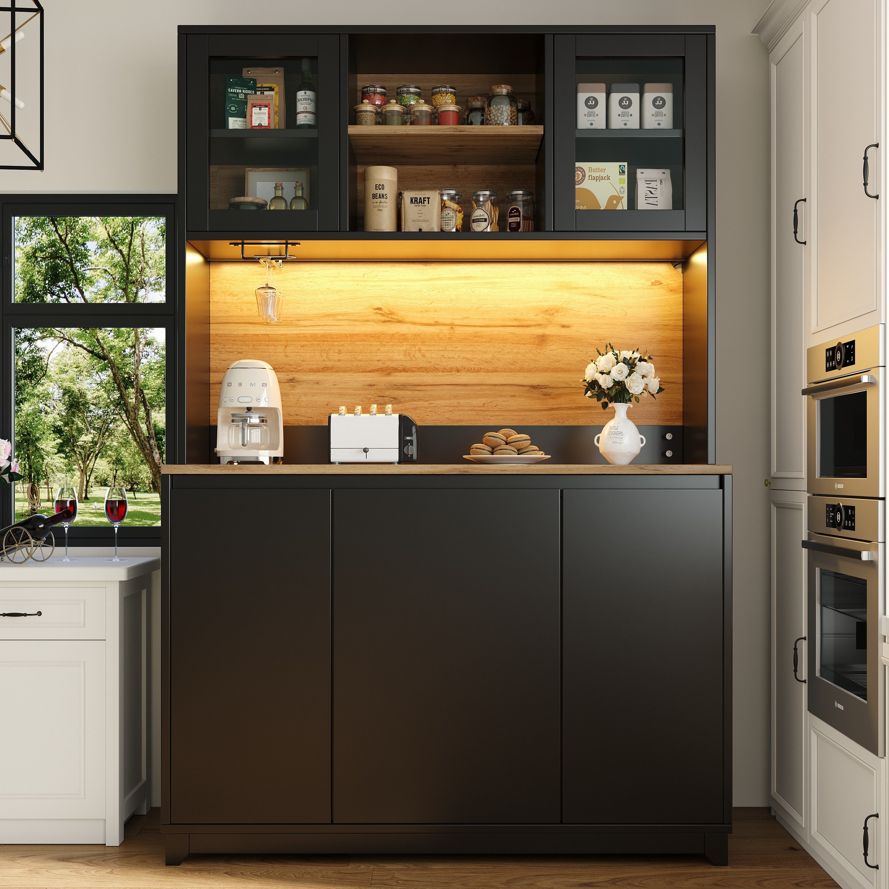 Flieks Küchenbuffet mit LED-Beleuchtung, Acryltüren, Gläserhalter und Klappen (120×40×180 cm, 1-St) Hoschschrank Küchenschrank Buffetschrank mit verstellbare Ablagen