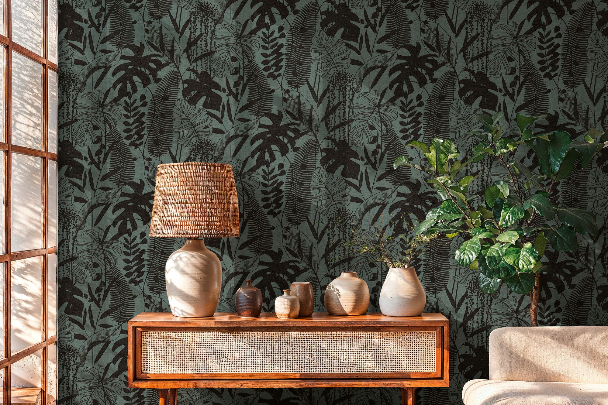 A.S. Création Vliestapete Cuba II Tropische Blätter, leicht strukturiert, floral, tropisch, Retro, Feines Blattdesign mit filigranen Linien und natürlicher Optik