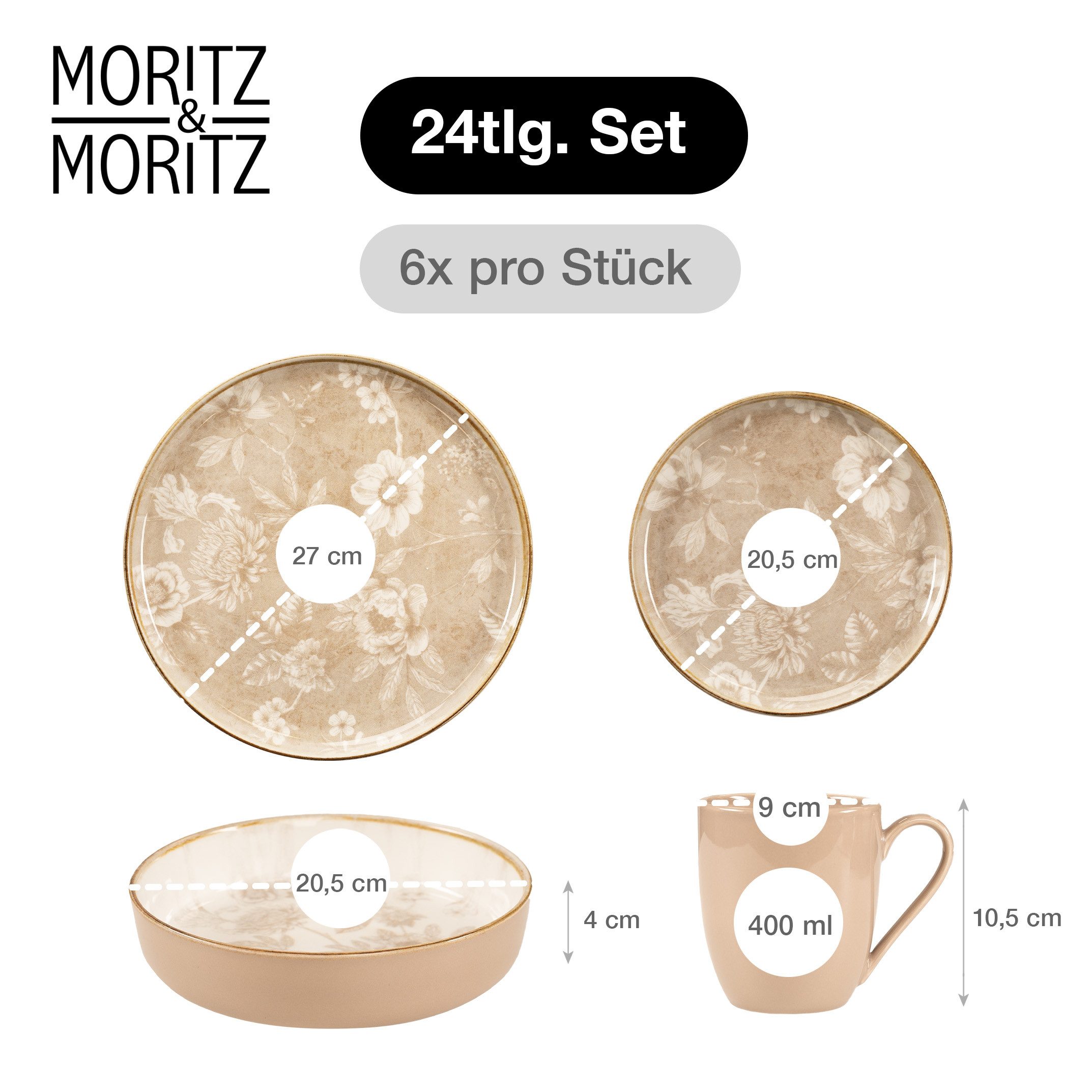 Moritz & Moritz Tafelservice MARIELLA Geschirrset Beige für 6 Personen (24-tlg), 6 Personen, Steinzeug, Geeignet für Spülmaschine & Mikrowelle