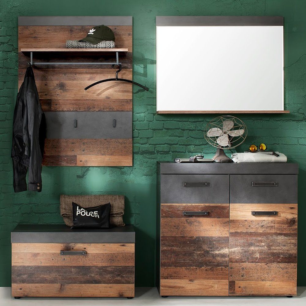 trendteam Garderoben-Set Indy, Garderoben-Kombi Garderobe Flurschrank Braun/Grau 185x192x37cm